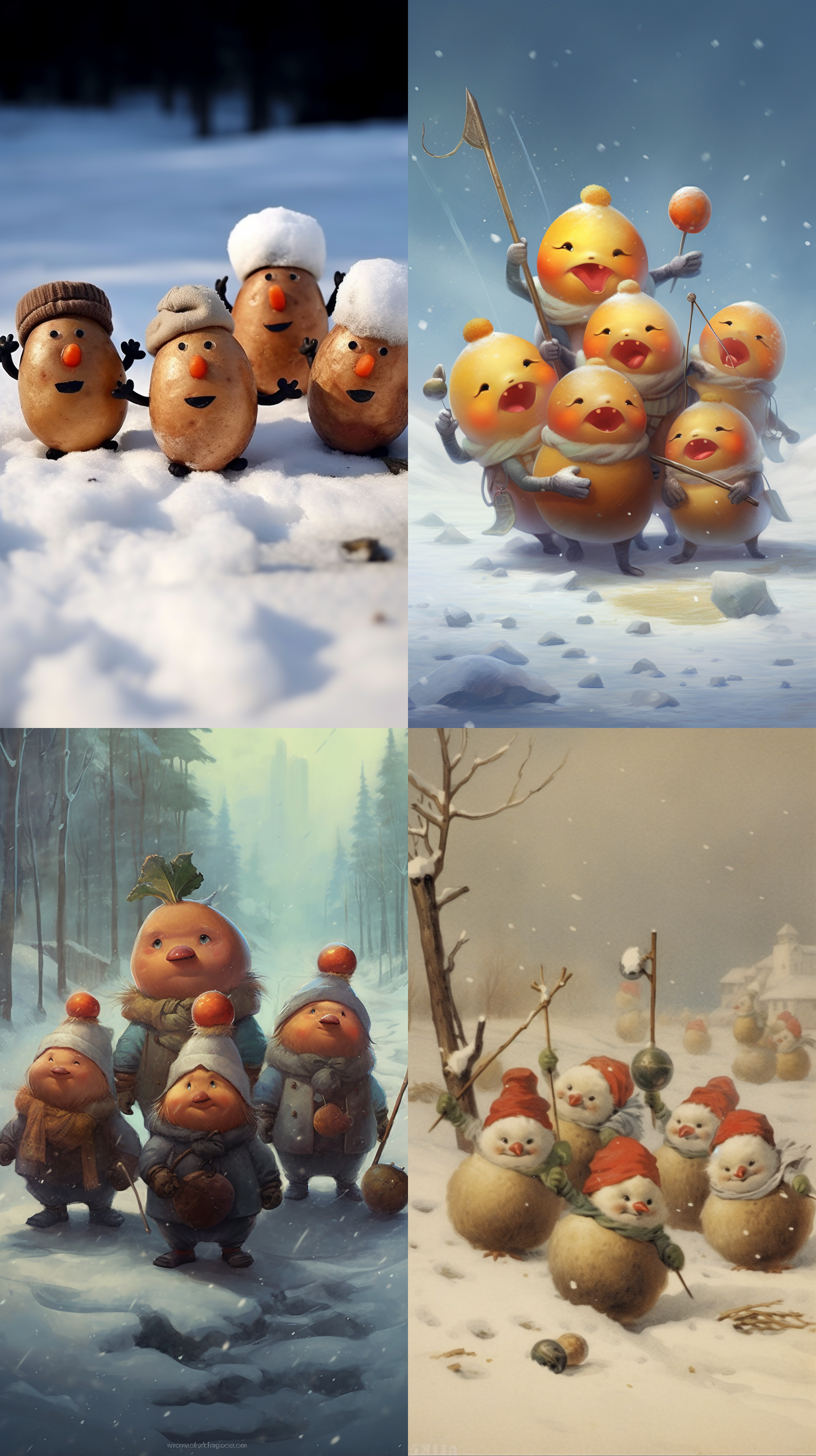 a group of small potatoes, anthropomorphic, wearing hats, playing happily in the snow