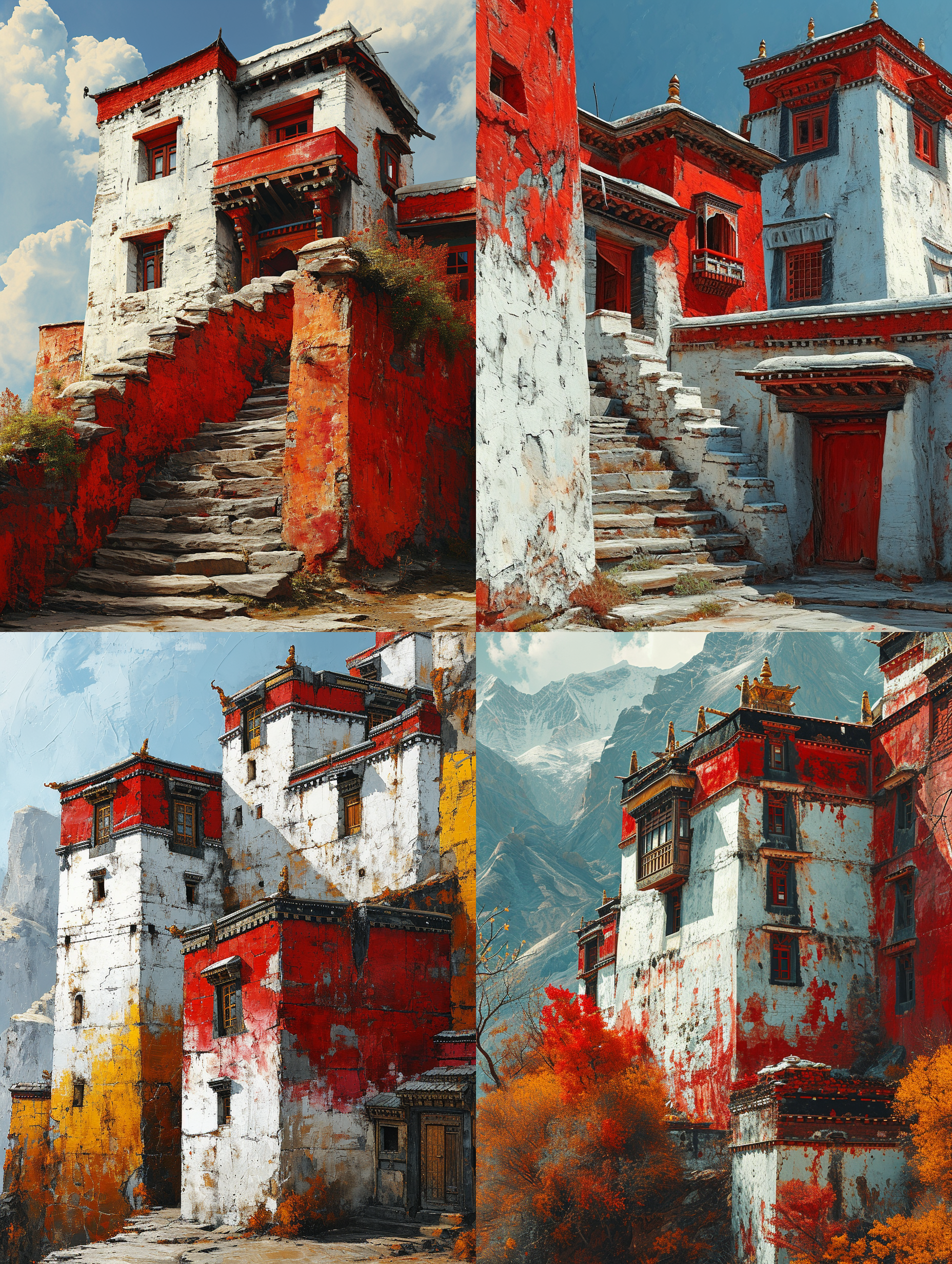 a shot of the tibetan fortress, in the style of abstracted architecture, white and red, pointillist optical mixing, ingrid baars, 32k uhd, visual harmony, serge marshennikov