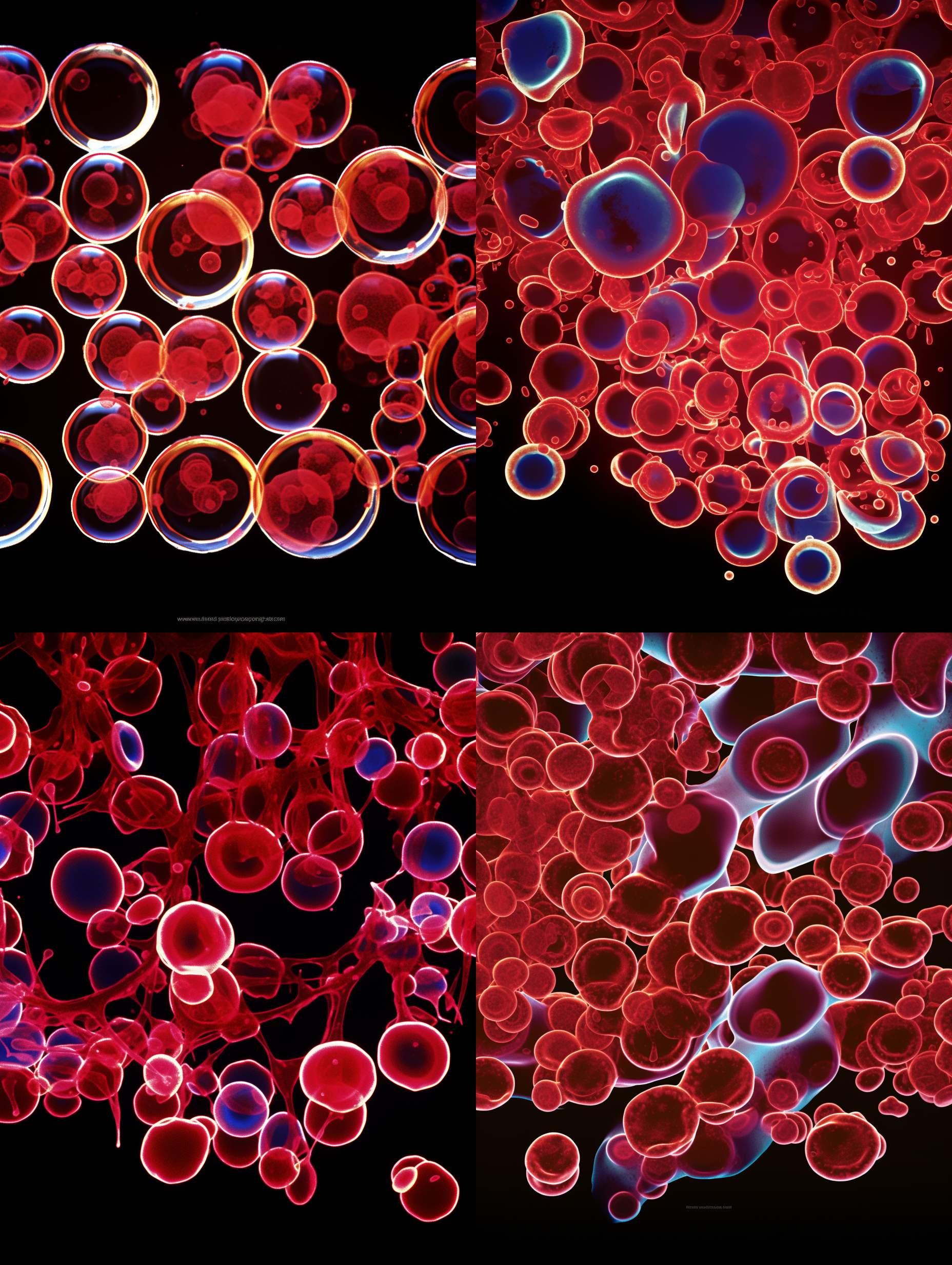 生成与参考图相同排布形式和特征的立体细胞效果，要把细胞膜，细胞孔，细胞质，细胞枋，rna,dna,体现出来，细胞的形态符合专业显微观察看到的细胞形态和行业细胞形态样式专业描述与定义，空间感和立体感突出，颜色饱和，细节层次丰富，专业c4d渲染，顶级画质和清晰度，8k超高清，细胞最大程度接近真实细胞，逼真强度高