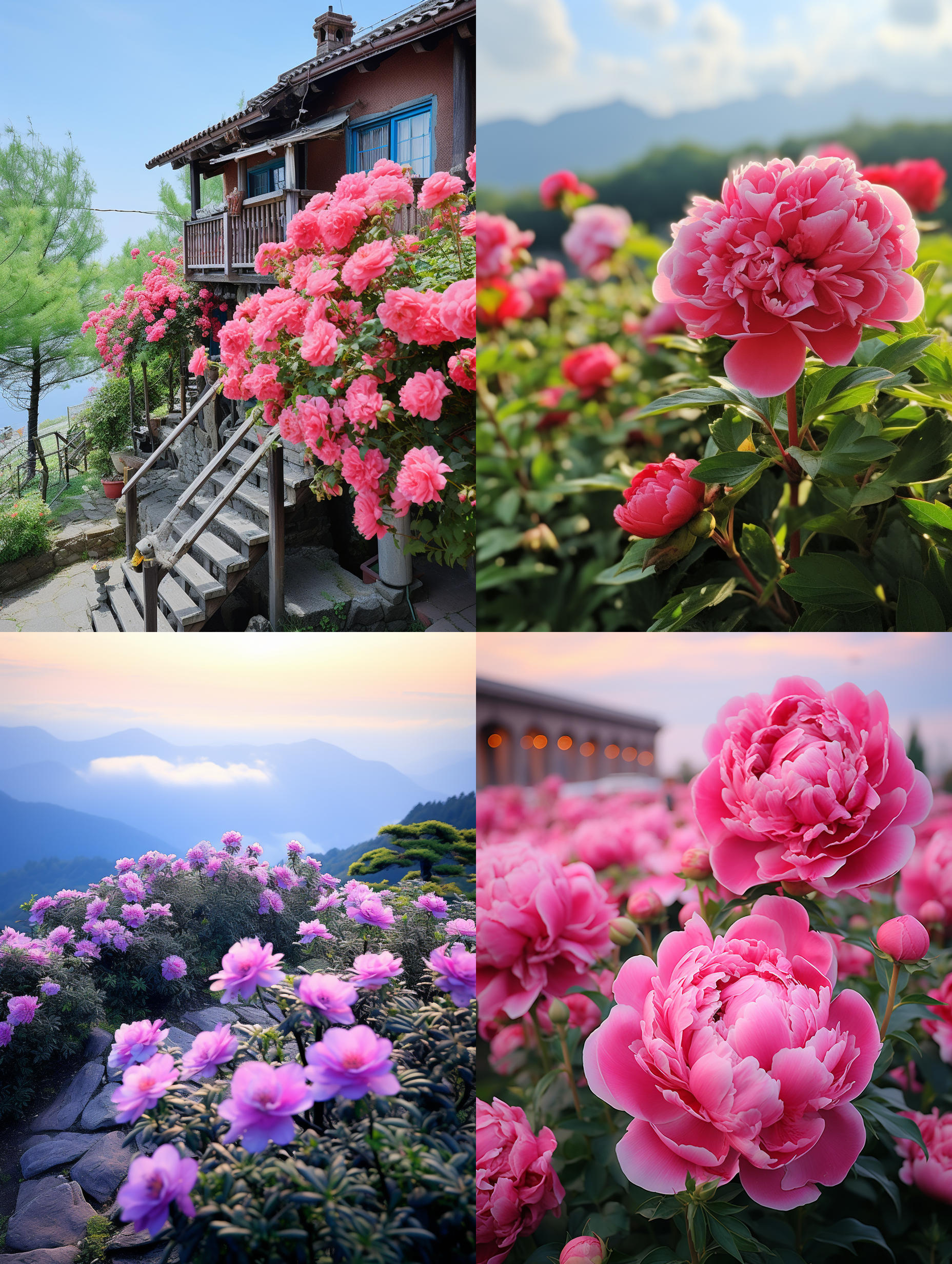 在广袤的山区地里生长着成片的芍药花，乡间小路上很多赏花的游客，远处的灌木林，乡村农民的二层房子在绿树间，远山，夕阳火烧云彩霞，专业风光摄影效果，8k画质，超高清晰度，顶级专业的风光摄影，构图符合专业摄影，