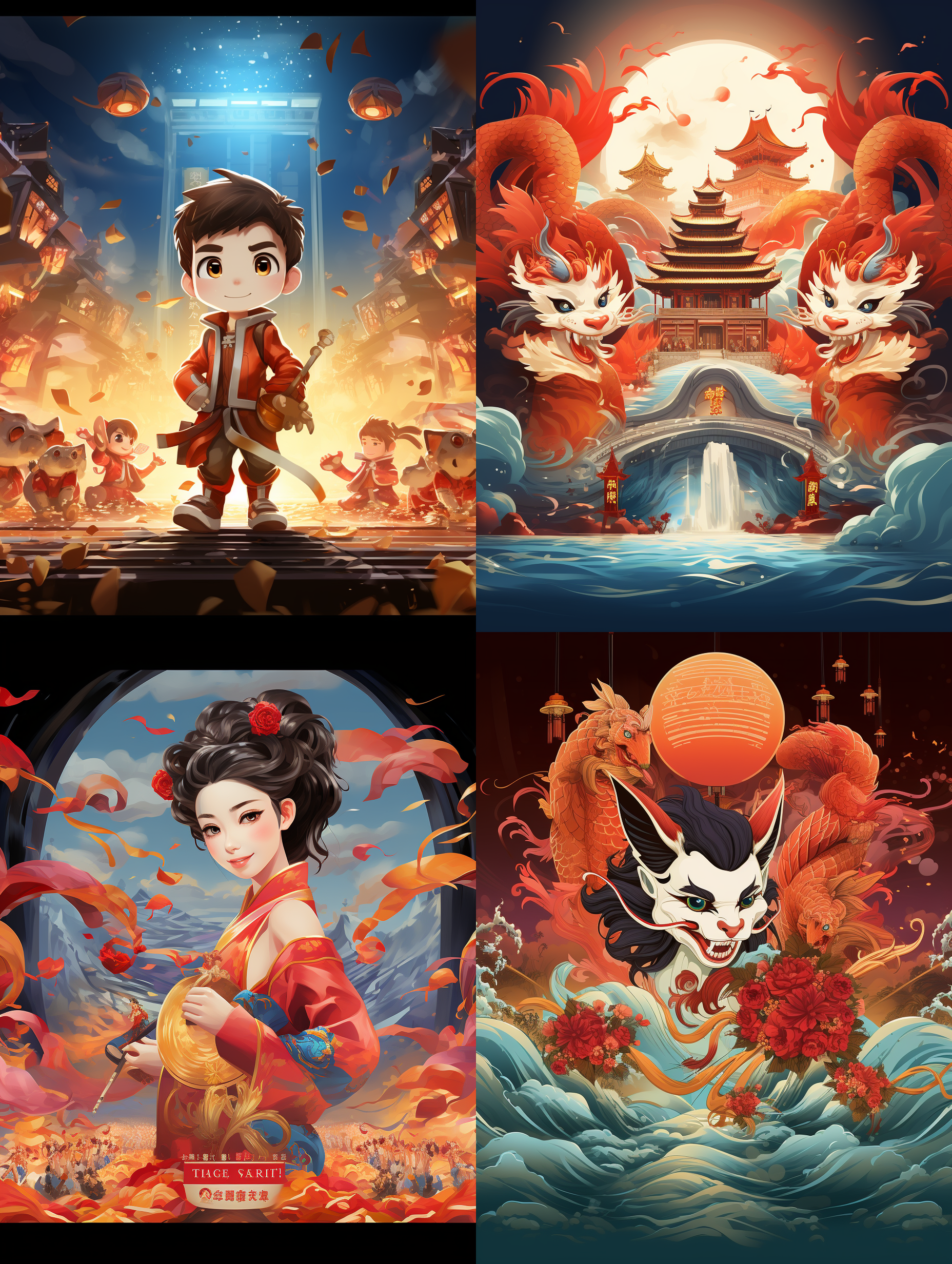 生成一个以设计师，艺术家和版画家组成的设计协会成员的贺年海报，背景是龙年元旦和春节晚会舞台的场景，炫彩灯光，艺术玻璃的舞台，要有2024的字样和龙马精神的气氛，有多位艺术家设计的大头3d卡通动漫形象，皮克斯动画风格，顶级画质，顶级的艺术效果，细节丰富，色彩层次丰富，艺术唯美，中景镜头，二比一的比例，8k超高清画质，大文件， 