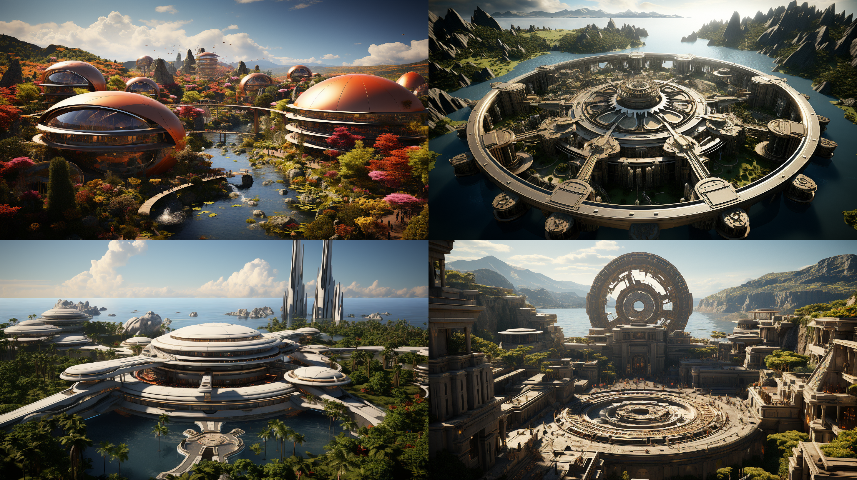 以参考图片的场景状态为标准，生成一个夕阳晚霞下的超级科幻超大规模的城市主题公园的航拍全景，高空航拍远镜头，场面规模宏大，壮观，充满突科幻感的主题雕塑，各种儿童游乐设施，儿童梦幻城堡，代充满未来科技感的科技馆建筑，迪斯尼风格的设施和建筑，大片的多彩景观绿化和景观绿植，体现生态环保的理念，具有顶级的画质和艺术美感，建筑具有未来感和高科技之感，色彩层次丰富，细节丰富逼真，超写实，8k 超高清晰度 