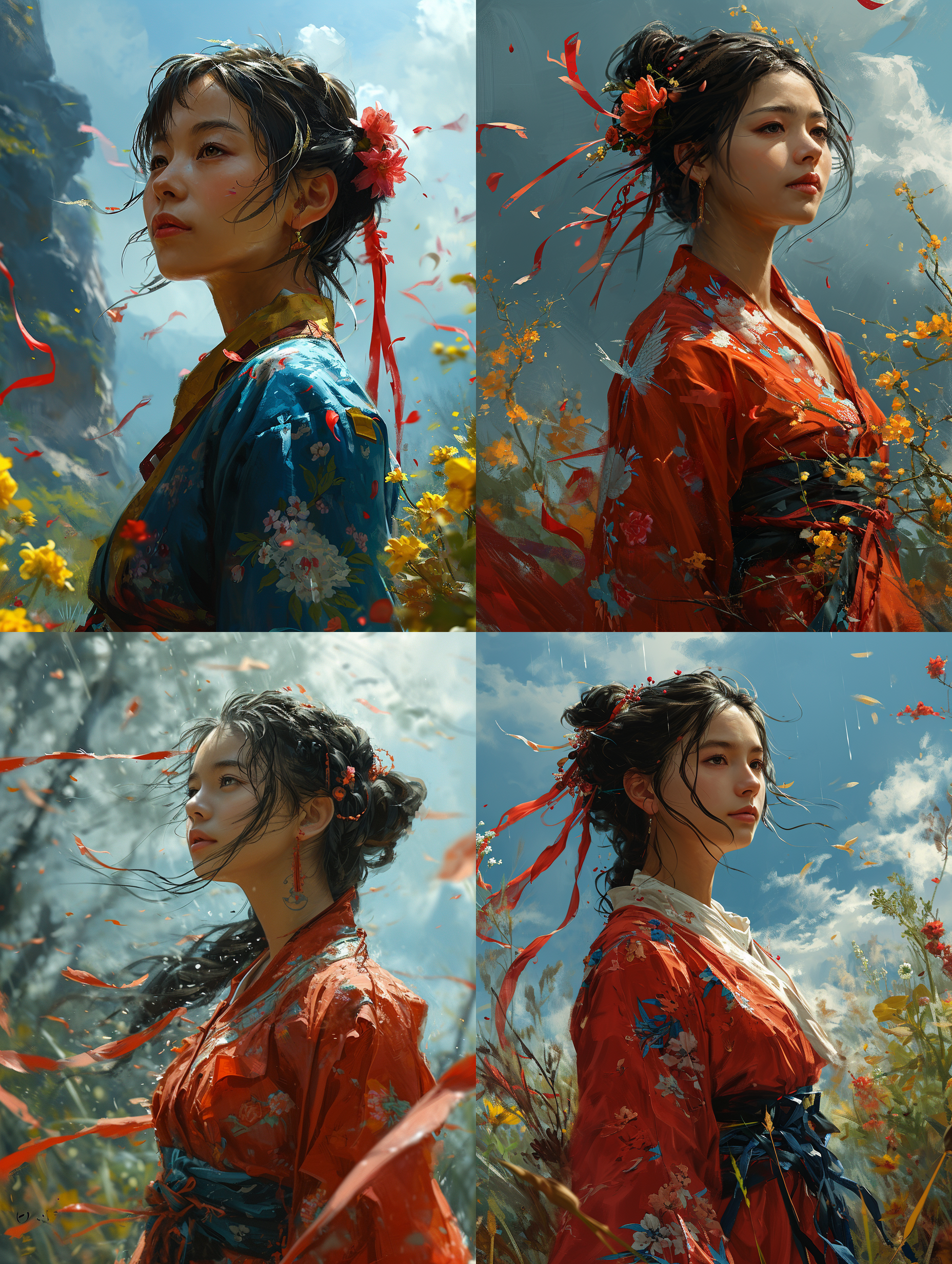 中国女士，仰头看向天空，天空下雨，彩色的飘带飘满天空，活泼可爱，真实风格 