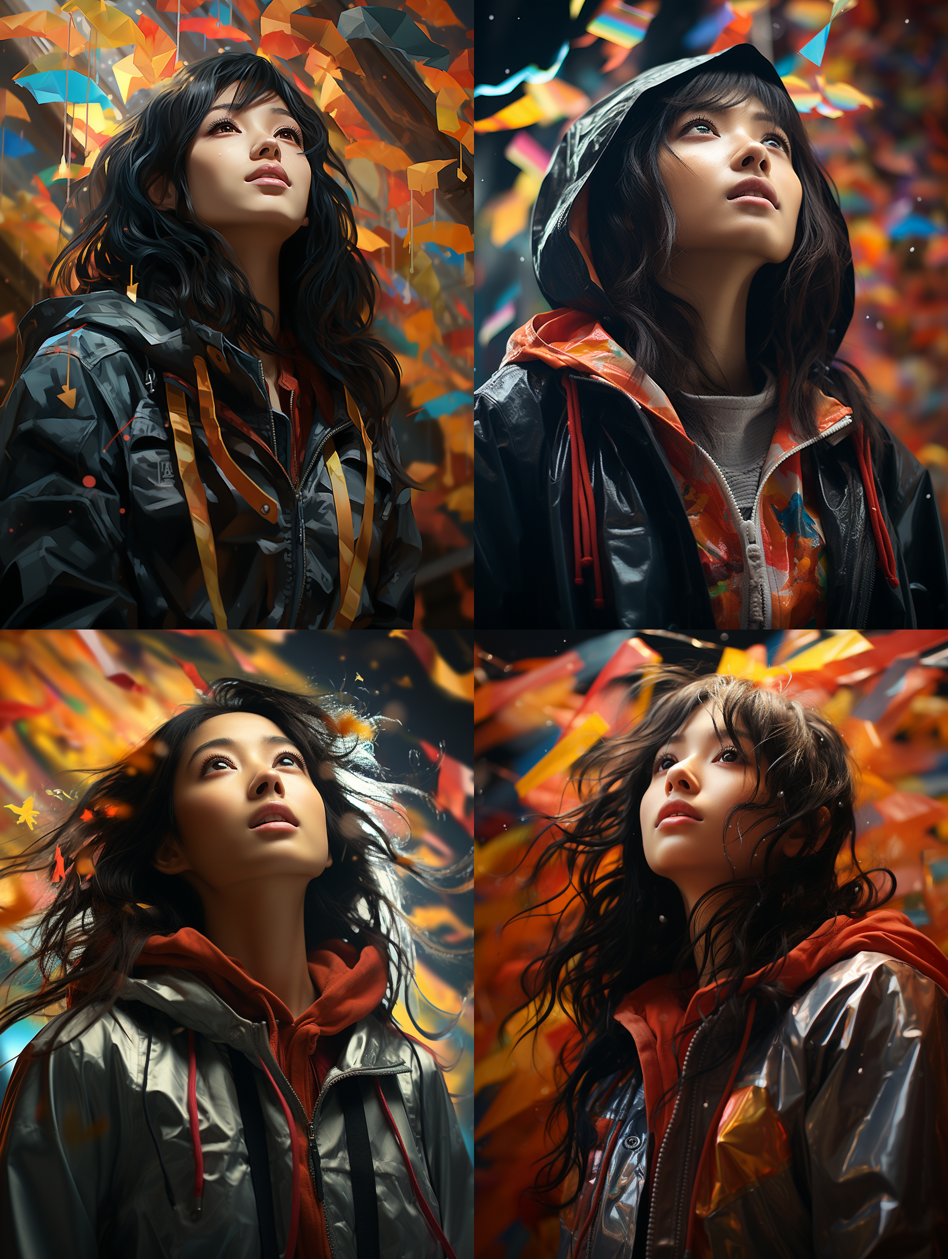 一位中国女士穿着风衣仰望天空，大雨澎湃，彩色的飘带飘满天空，真实风格 