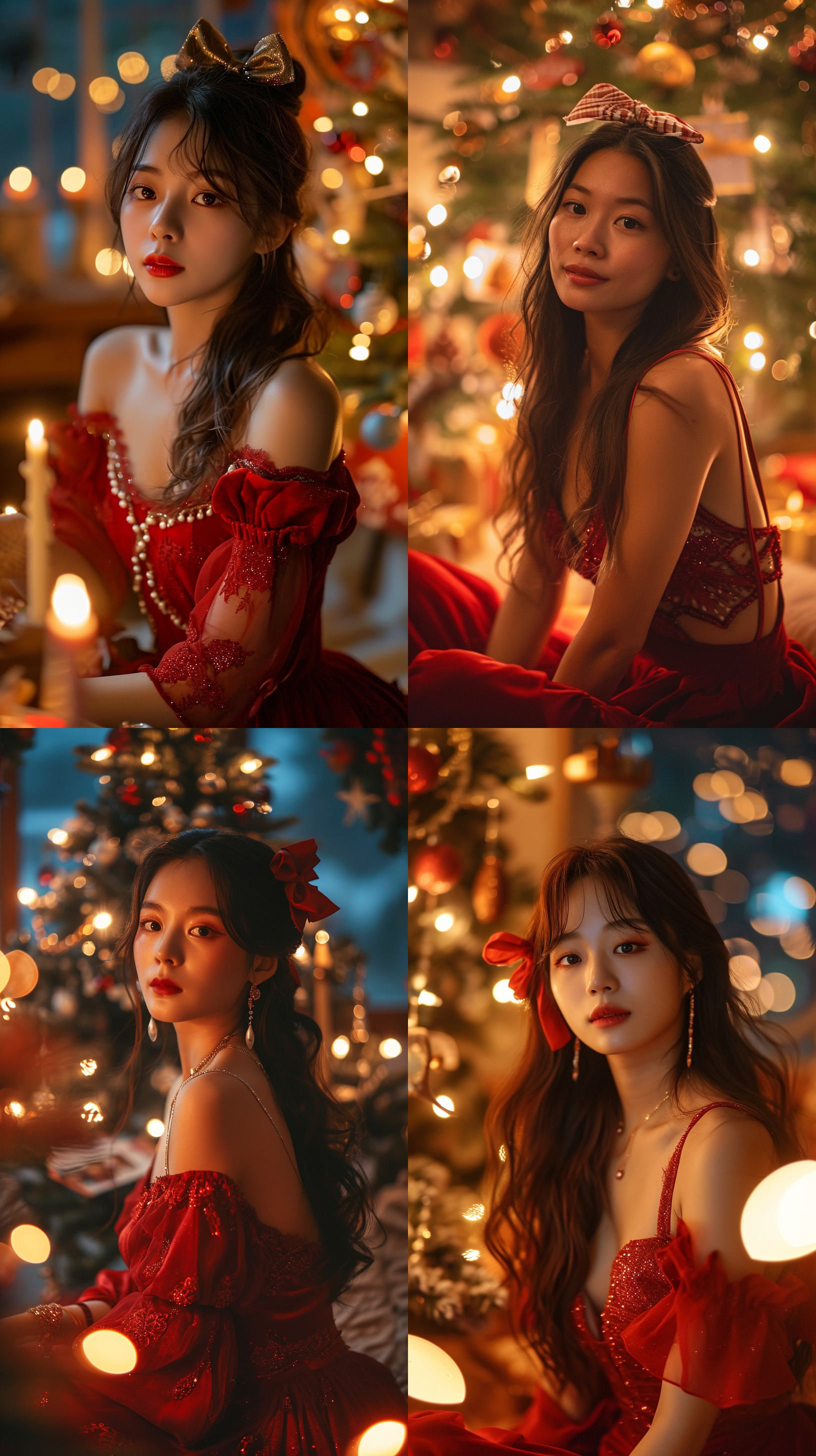 a beautiful asian women with long hair and a bow in her hair sitting in front of a christmas tree with a christmas card, wearing red chest-length dresses,facing the camera, beautiful,soft candle light,knees up ,velvet,relaxed,dslr,bedroom,long shot(ls),best quality