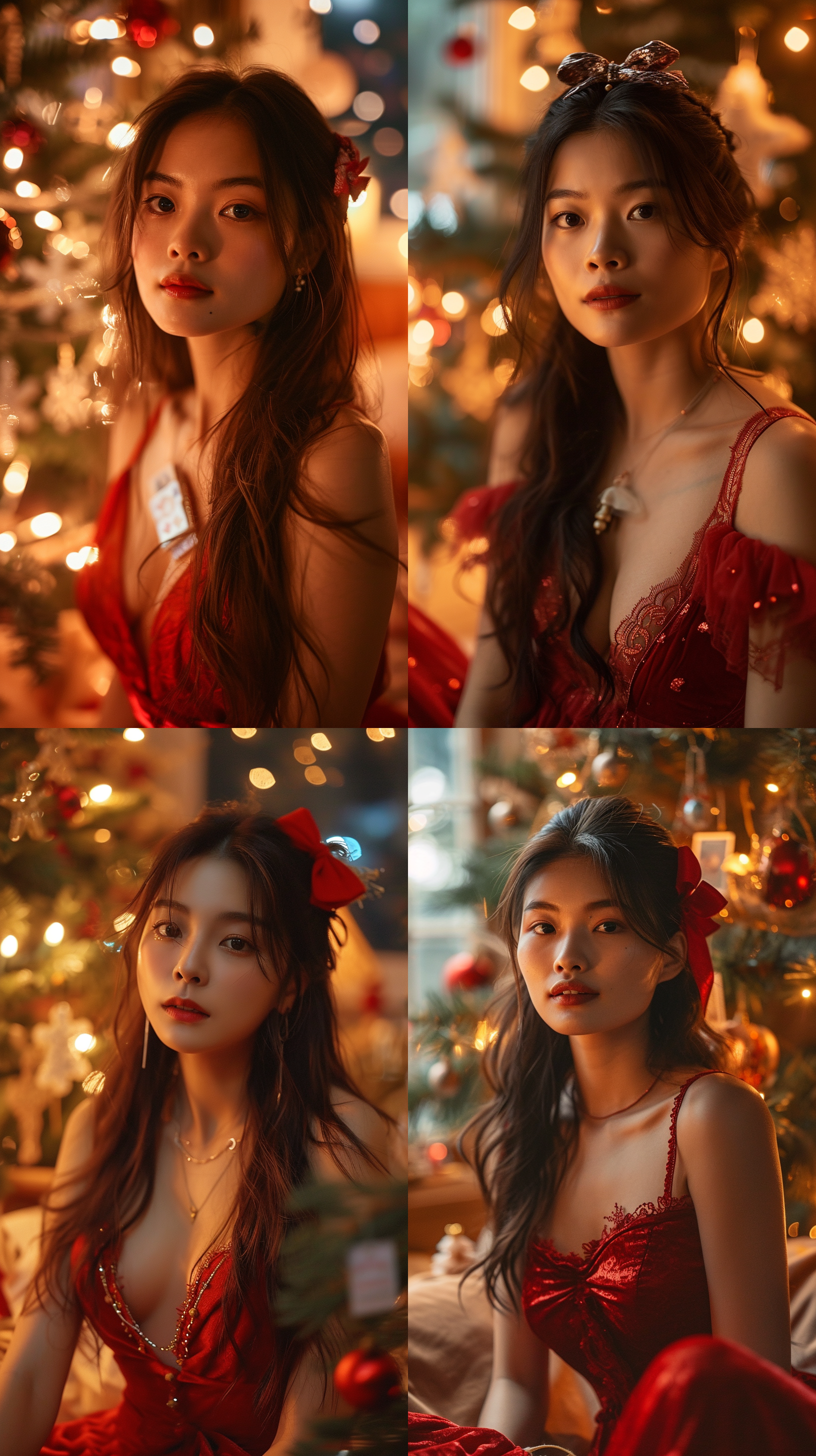 a beautiful asian women with long hair and a bow in her hair sitting in front of a christmas tree with a christmas card, wearing red chest-length dresses,facing the camera, beautiful,soft candle light, ,velvet,relaxed,bedroom,cinematic shot