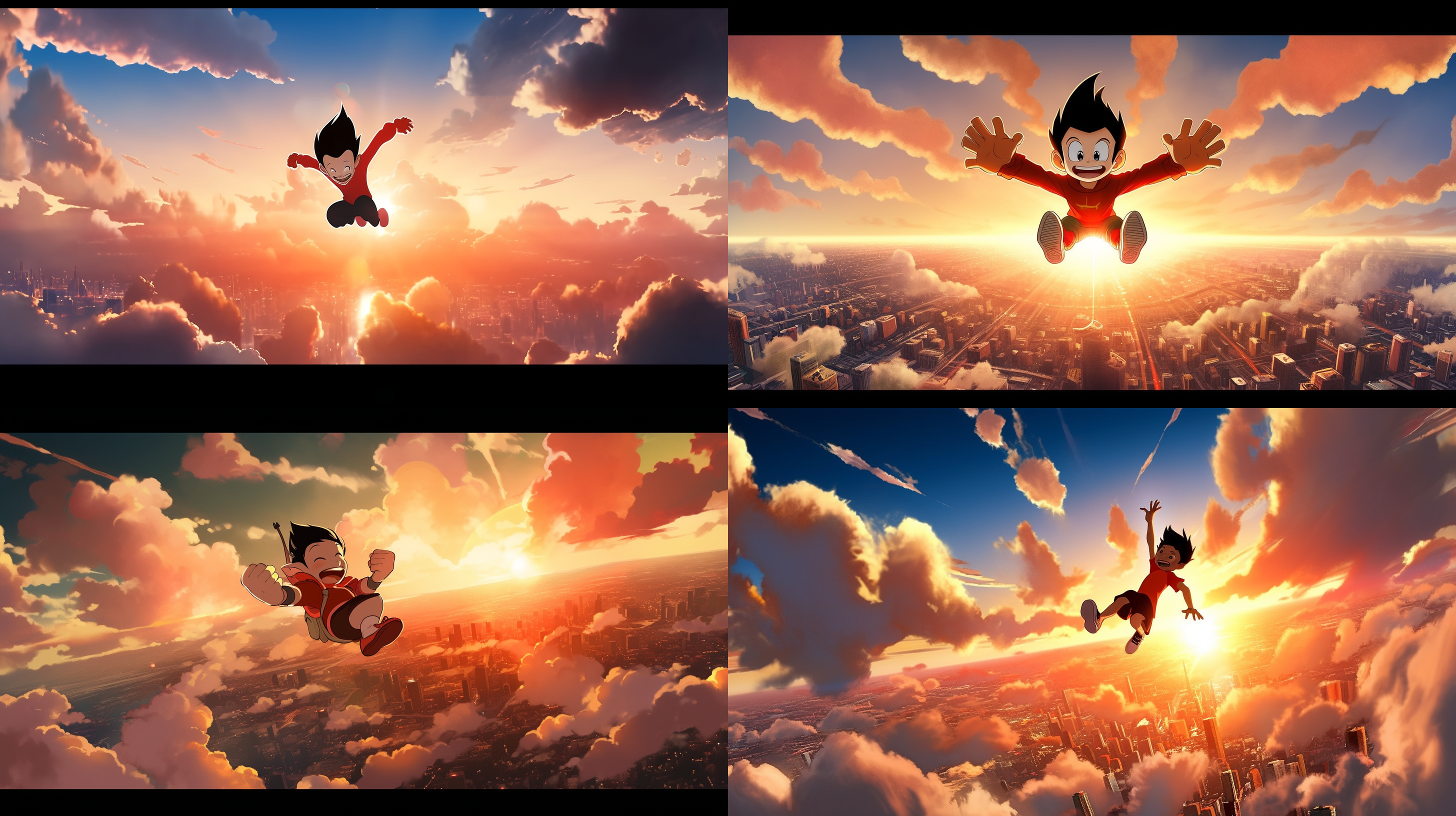 阿童木在地球上空翱翔，背景是绚丽的日落云彩。阿童木展翅高飞，表情兴奋自由。远景中可见城市的轮廓，给人一种未来科技感。构图对称，色彩鲜明，广角镜头捕捉到广阔的天空和阿童木的身姿。