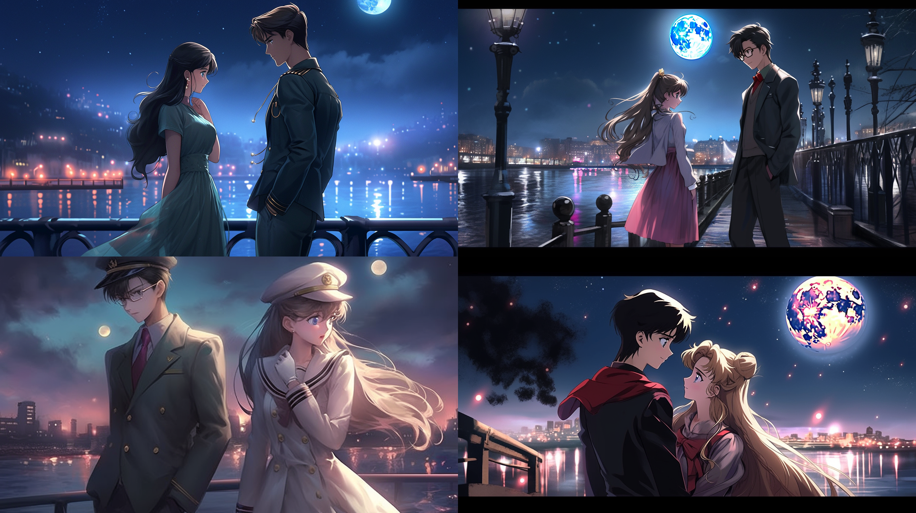 美少女战士水兵月与名侦探柯南在月光下约会。月亮的光辉照亮了两人，他们身穿明亮的衣服，站在一座古老的桥上，背景是静谧的湖泊和迷人的夜景。画面风格唯美，色彩丰富，呈现浪漫的氛围。水兵月和柯南透露着快乐、自信和爱意。月光下的约会，浪漫至极。