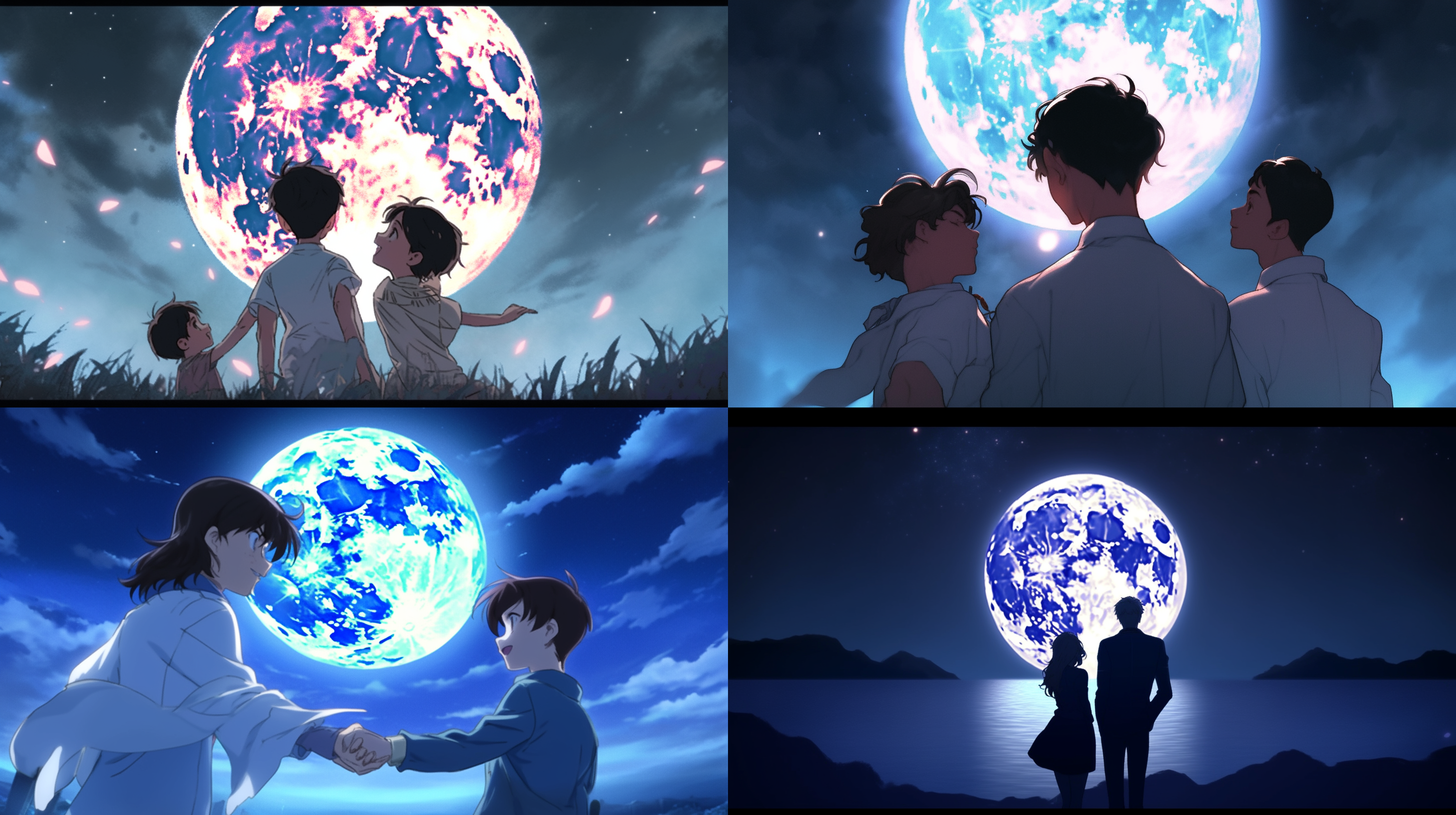 柯南左手牵着水兵月，右手牵着灰原哀，在月光下，他们三个人共同欣赏着皓月当空