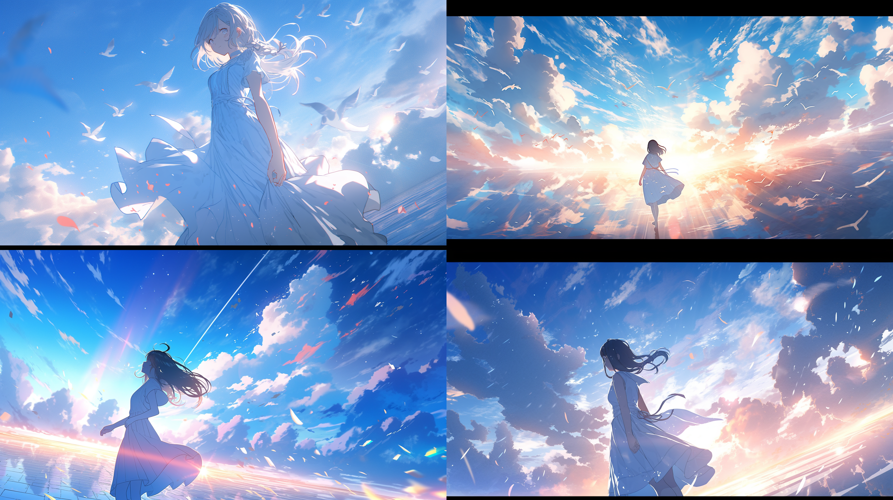 蓝天白云下，阳光的光束从天上照耀下来，一个女孩侧身奔跑着，身后拖着长长的，渐变的残影