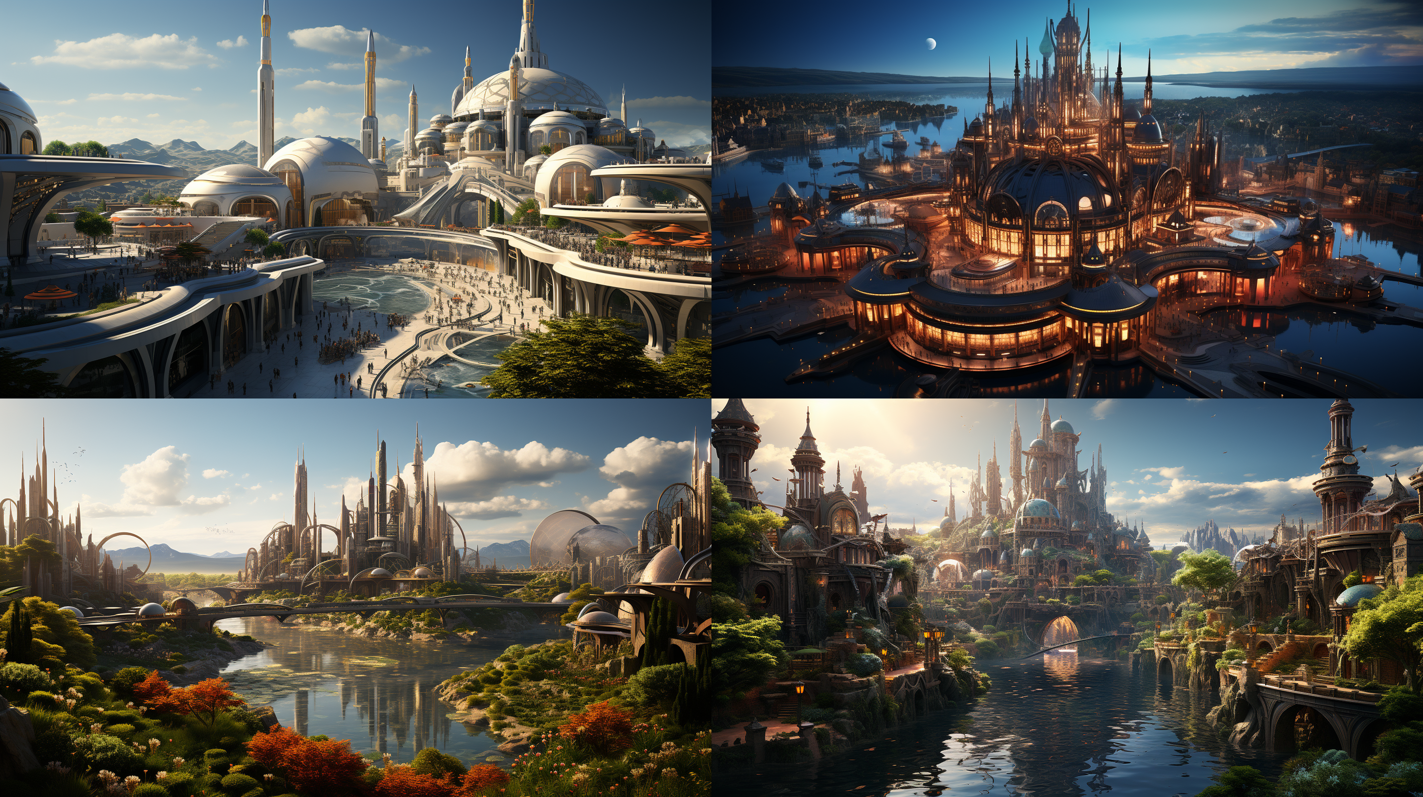 以参考图片的场景状态为标准，生成一个夕阳晚霞下的超级科幻超大规模的城市主题公园的航拍全景，高空航拍远镜头，场面规模宏大，壮观，充满突科幻感的主题雕塑，各种儿童游乐设施，儿童梦幻城堡，代充满未来科技感的科技馆建筑，迪斯尼风格的设施和建筑，大片的多彩景观绿化和景观绿植，体现生态环保的理念，具有顶级的画质和艺术美感，建筑具有未来感和高科技之感，色彩层次丰富，细节丰富逼真，超写实，8k 超高清晰度 