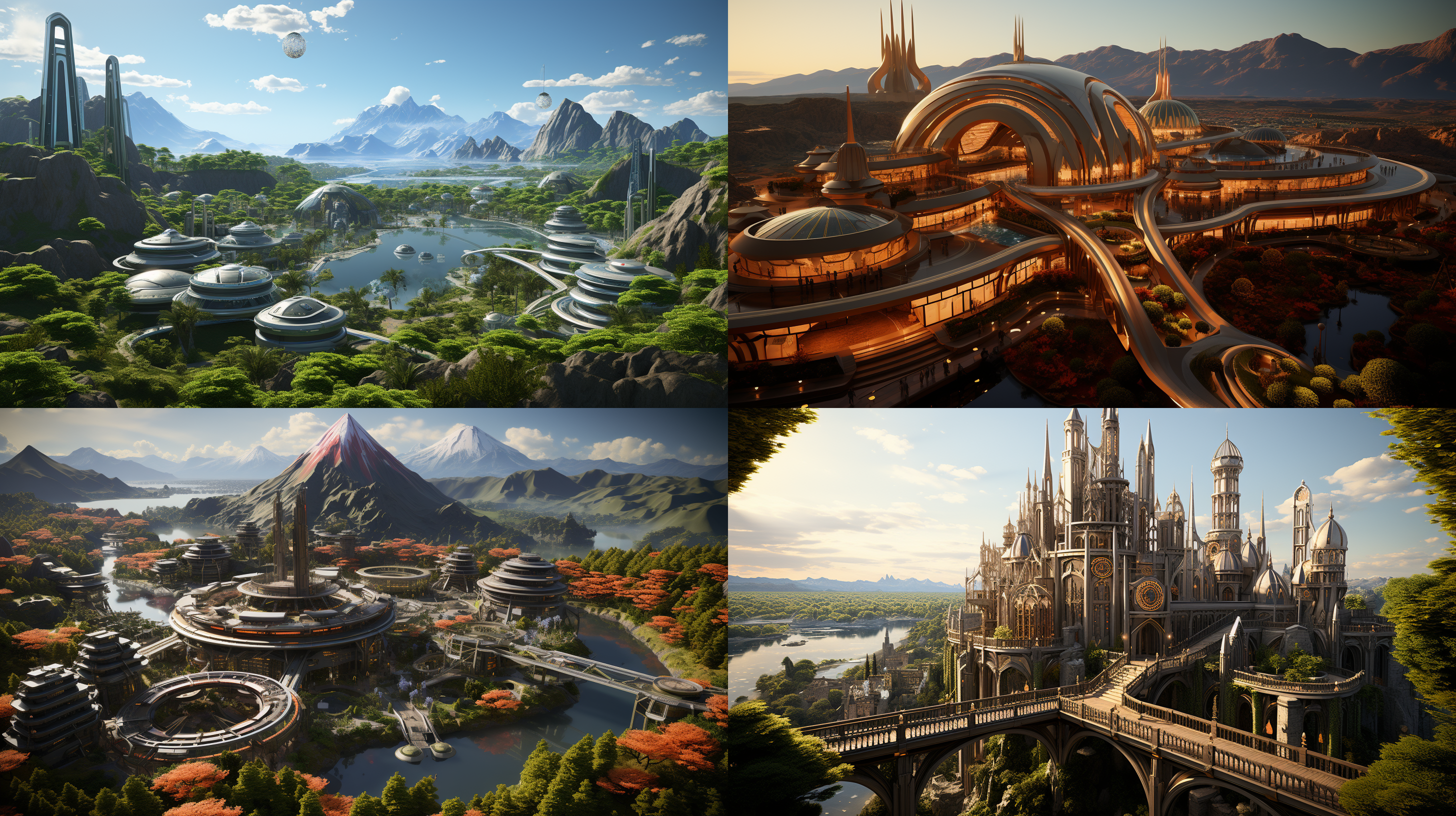 以参考图片的场景状态为标准，生成一个夕阳晚霞下的超级科幻超大规模的城市主题公园的航拍全景，高空航拍远镜头，场面规模宏大，壮观，充满突科幻感的主题雕塑，各种儿童游乐设施，儿童梦幻城堡，代充满未来科技感的科技馆建筑，迪斯尼风格的设施和建筑，大片的多彩景观绿化和景观绿植，体现生态环保的理念，具有顶级的画质和艺术美感，建筑具有未来感和高科技之感，色彩层次丰富，细节丰富逼真，超写实，8k 超高清晰度