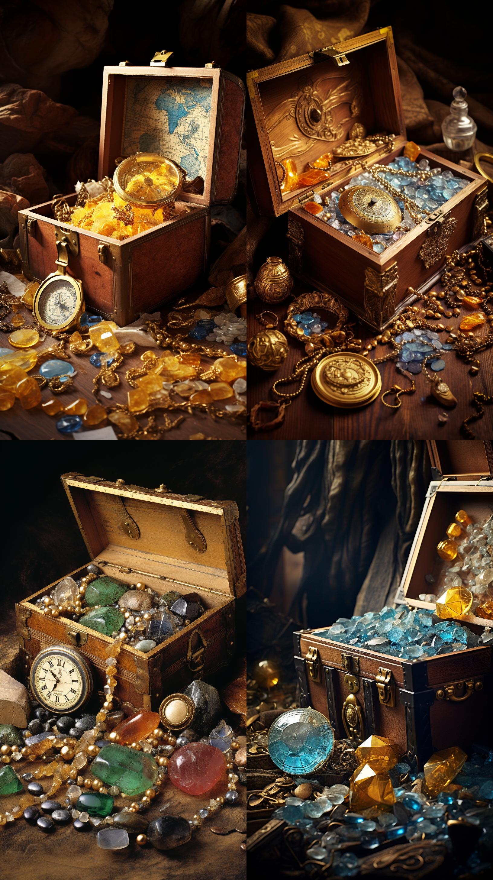 一个装满黄金、宝石和矿物晶体的宝箱，旁边有一张藏宝图，一个欧洲18世纪的航海罗盘还有几个黄金和木头制成的阿基米德多面体