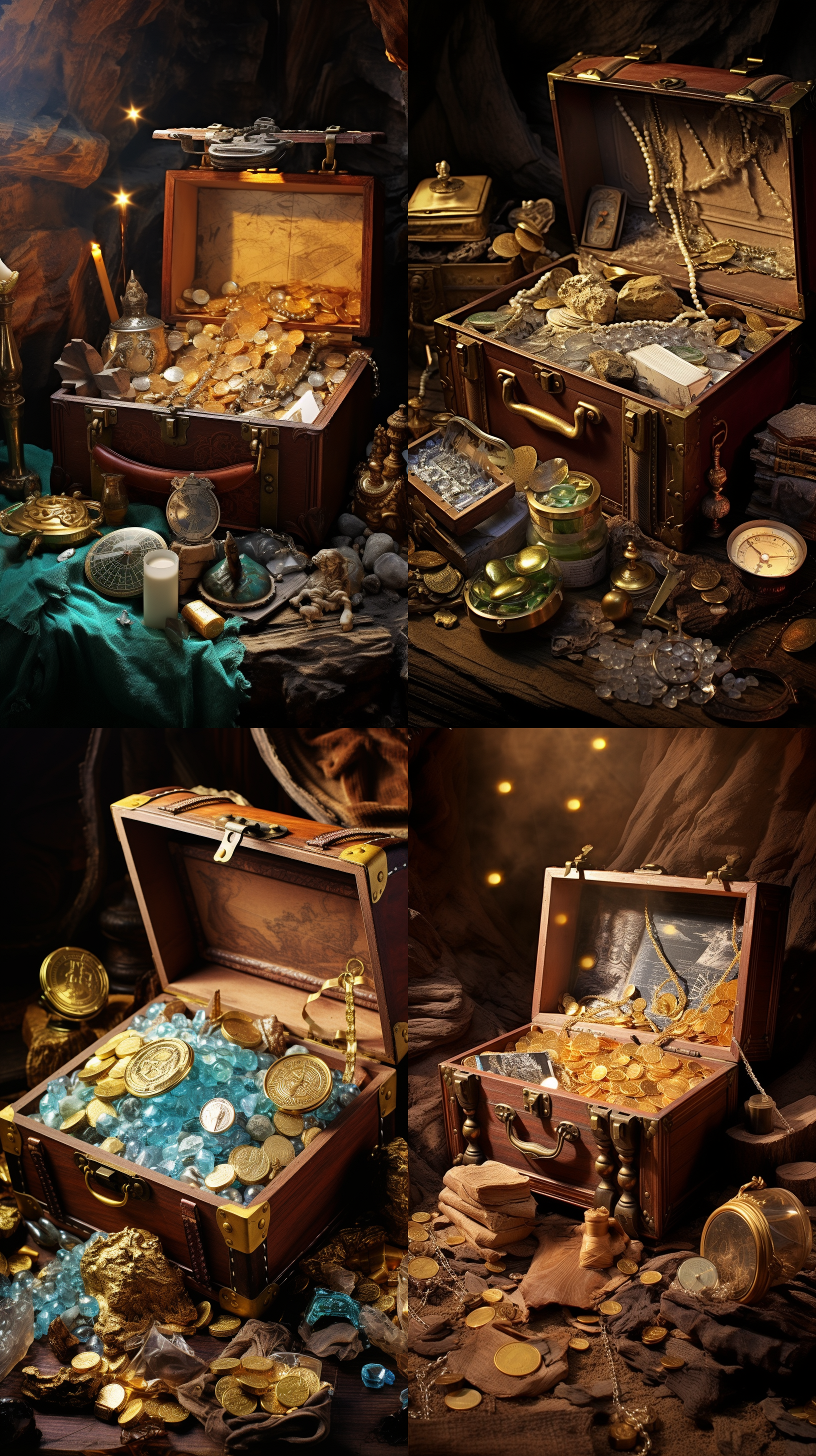 一个敞开的、装满宝石、矿物晶体和金币的vintage风格的木头宝箱，旁边有一张藏宝图，一个欧洲18世纪的航海罗盘，一个金属划规，一本皮革封面的老旧的书，一个18世纪风格的单筒望远镜，还有几个由黄金和木头制成的矿物晶体模型，背景是一个加勒比海盗风格的神秘的山洞，桌面是木质的