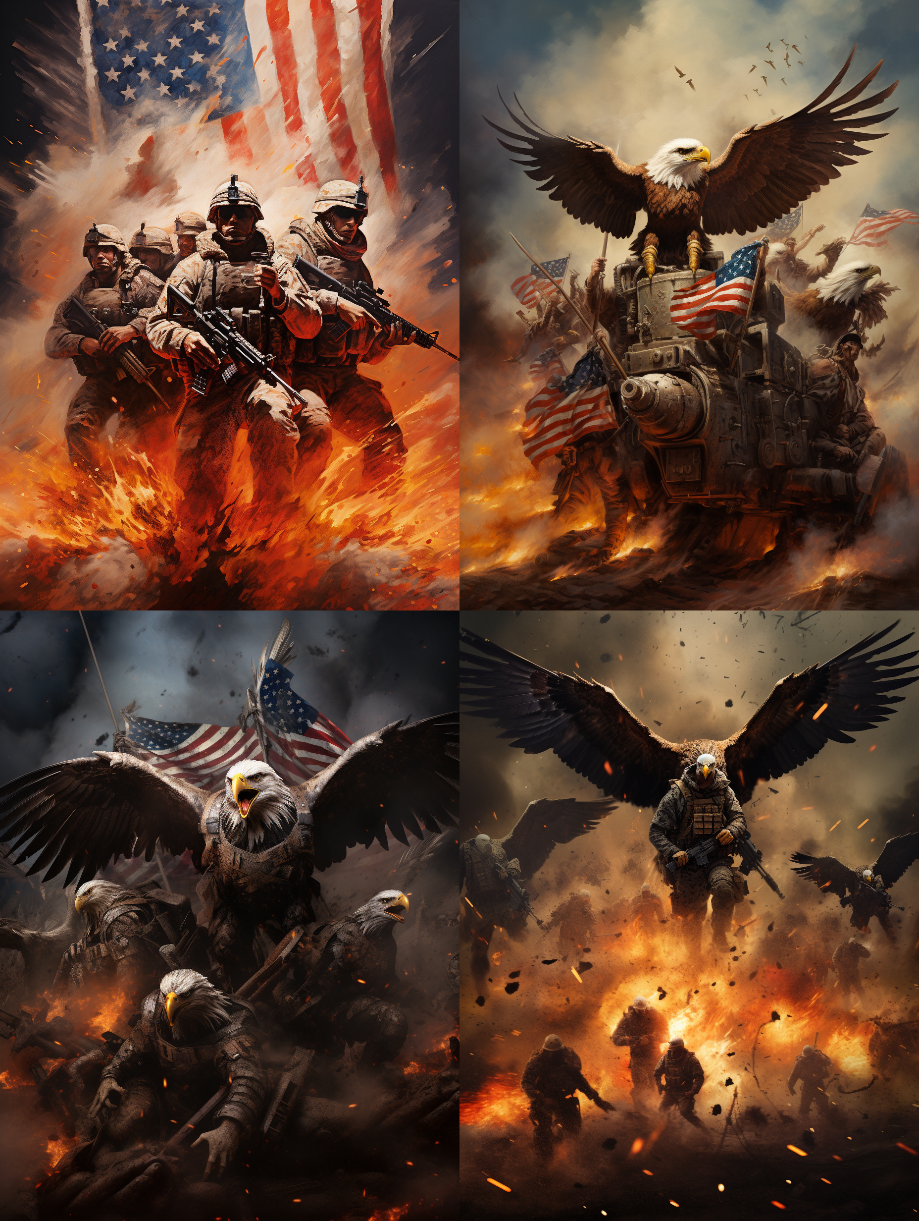 海军陆战队老鹰，身背重机枪，美国国旗的战袍，战火燃烧，子弹横飞，