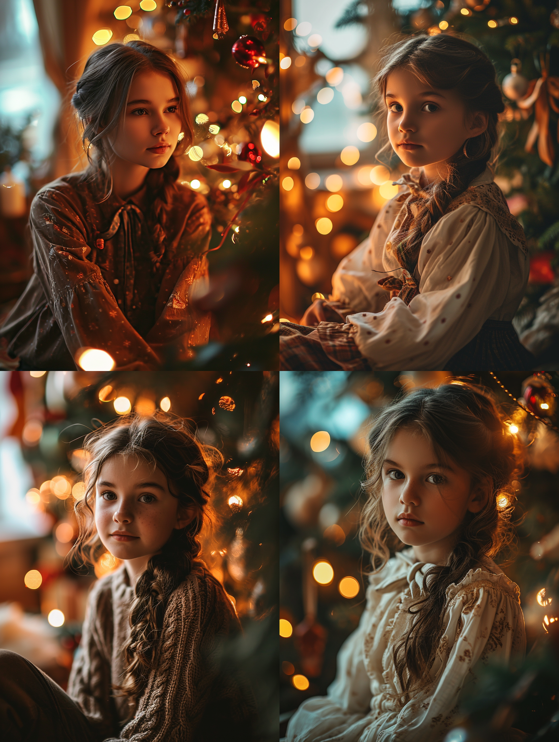 女孩长发束成蝴蝶结，坐在圣诞树前，背景是圣诞装饰。高光细节，柔和色彩，温暖环境，浅景深，泛光灯效，红绿配色，快门留影，安静，温馨