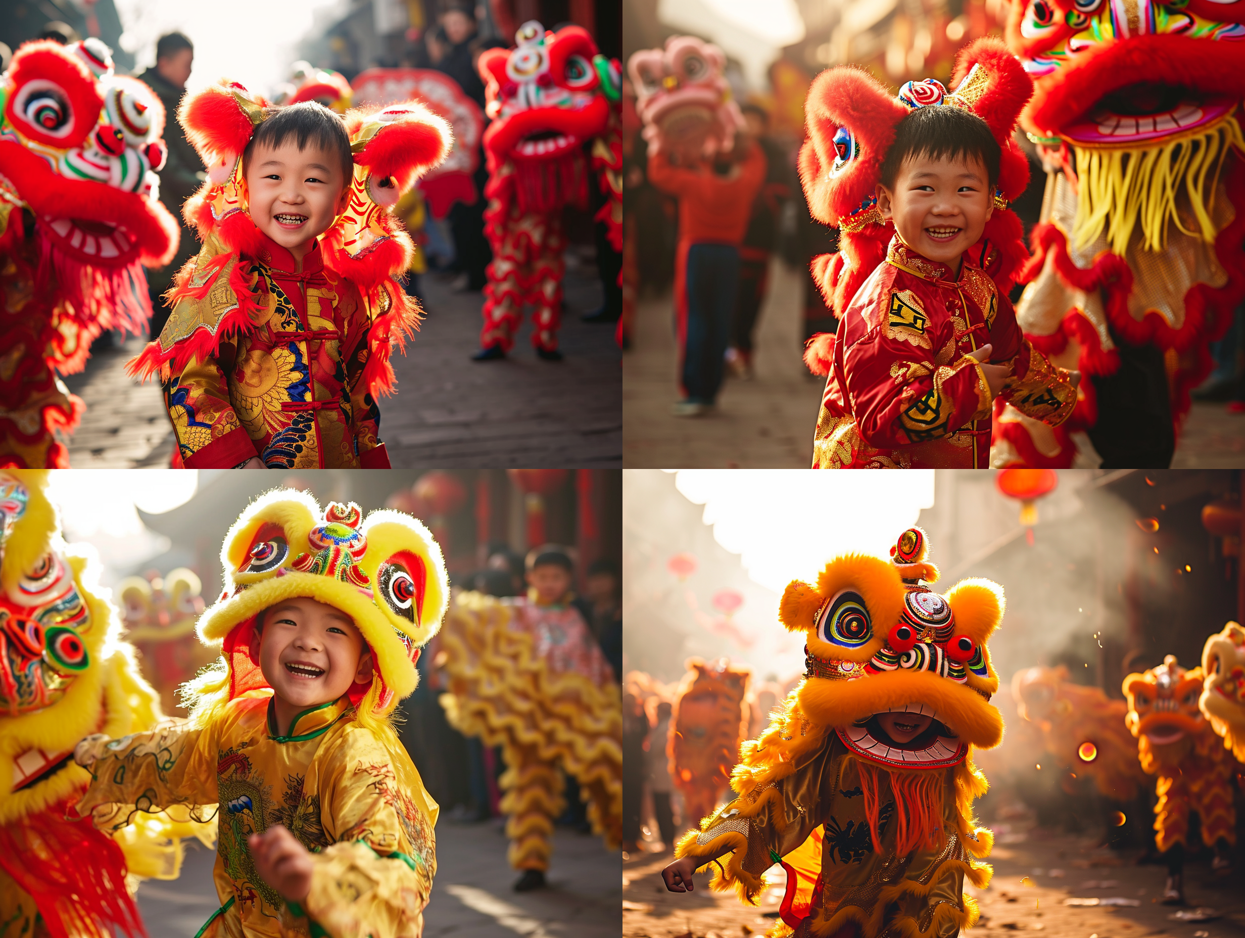 一个微笑的小男孩身穿舞狮服装，在中国古代街道上的节日游行队伍前面舞狮，阳光很好，short exposure，medium shot，cinematic lighting，4k，realistic，hyper quality，vibrant，营造出欢乐、喜庆的节日气氛