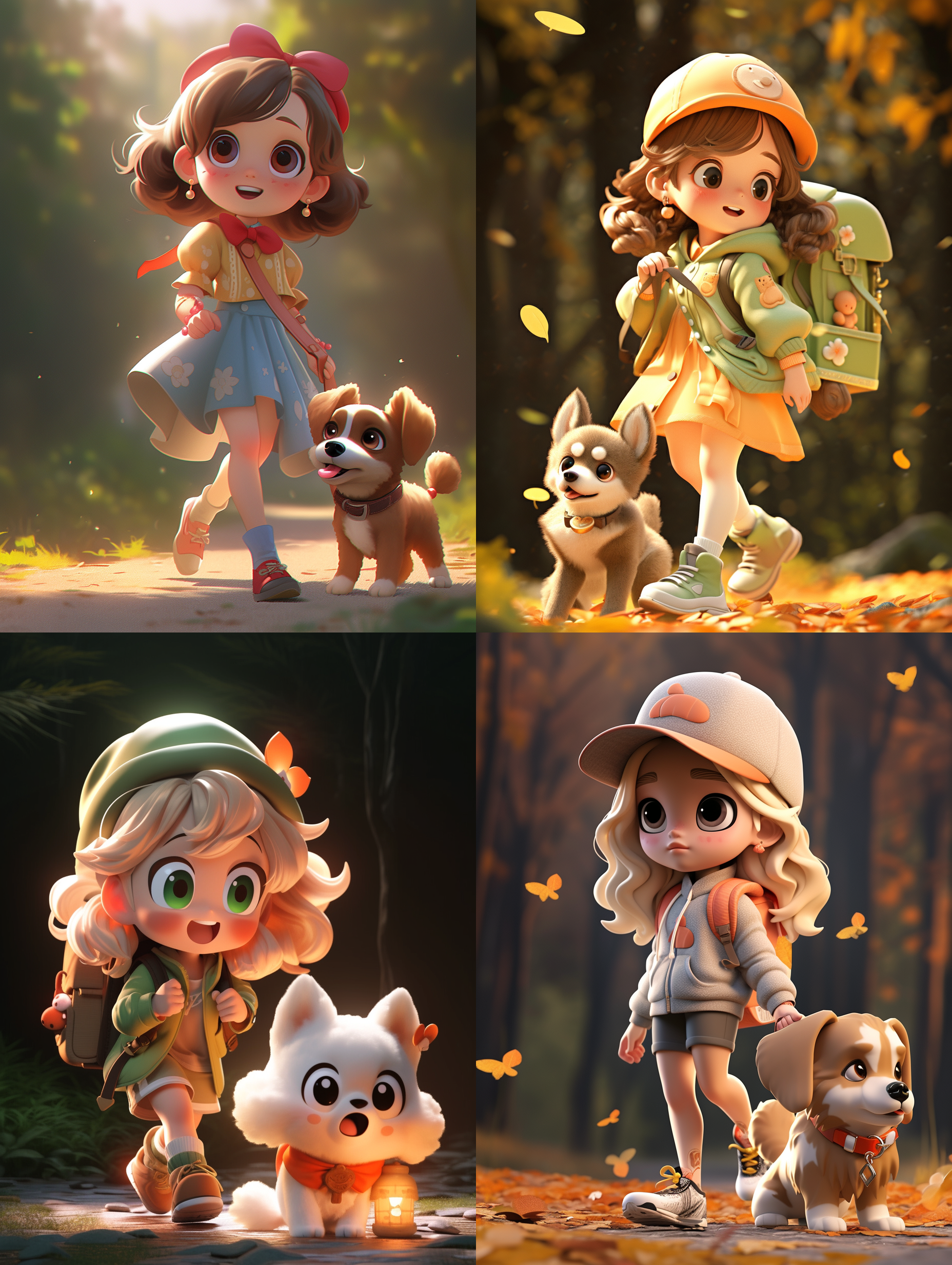 q版人物，一个超级可爱的女生在遛狗，可爱服饰，金色头发，大大的眼睛，小鼻子，白皙皮肤，丰富饰品，可爱的表情，夸张的姿势，黄色细节，森林背景，前视图，电影照明，明暗对比，super cute girl ip pop mart blind box，3d，c4d，oc渲染，最高质量，8k