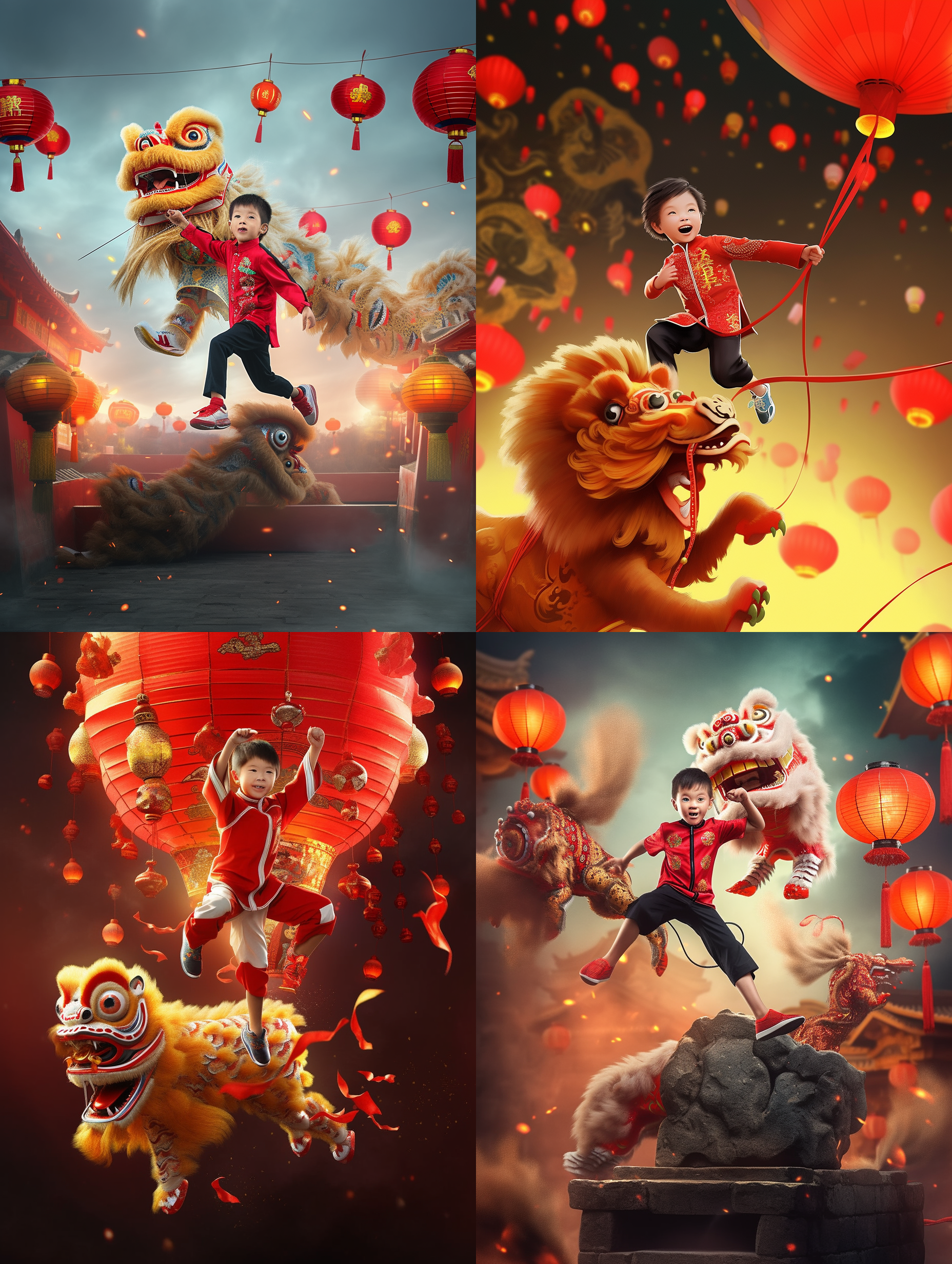 a little chinese boy is jumping a lion, with a lifelike lion head surrounded by a large red lantern and firecrackers red chinese elements, ribbons, fantasies, and a sense of fairyland. bright colors, sharp contrast, and highsaturation., 8k resolution, high detail, ultra-high definition image