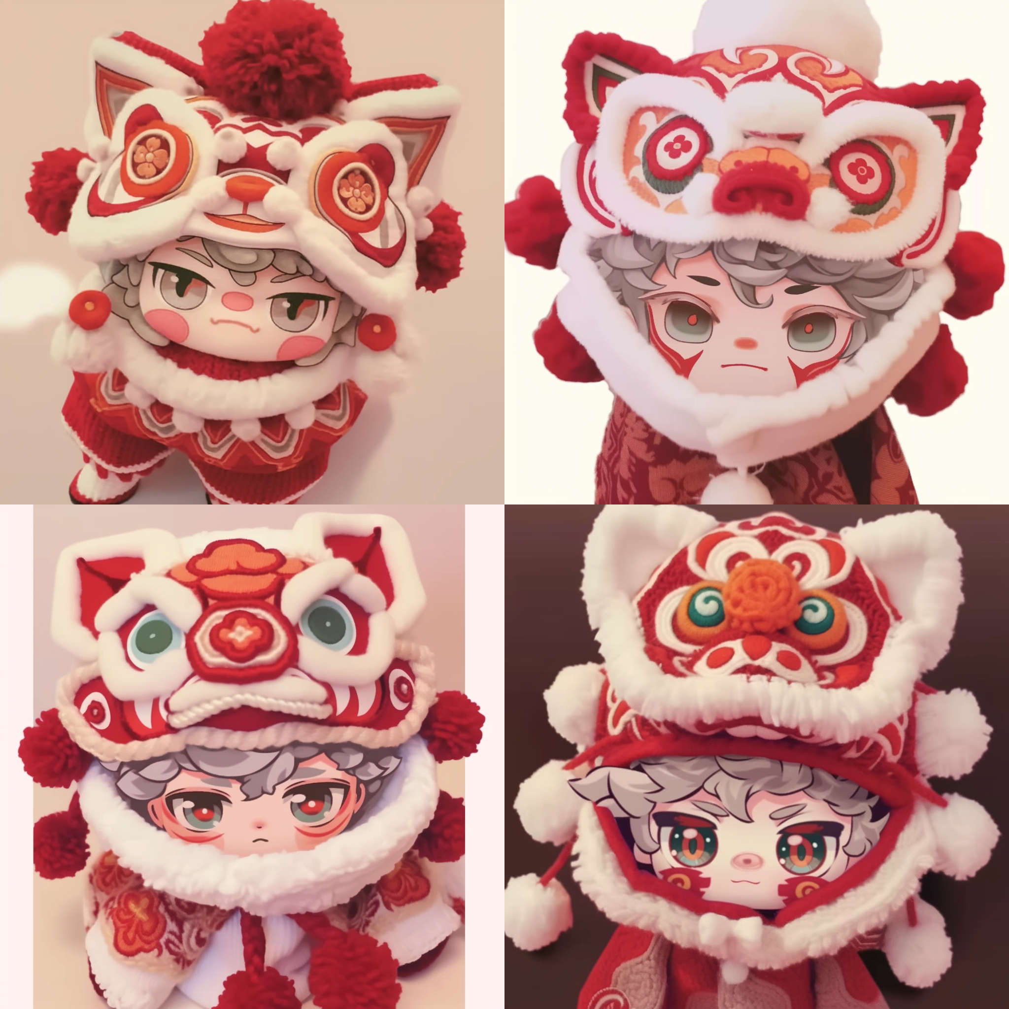 只有头套，小醒狮的毛绒头套，只露脸，下巴包裹住，头套是红色系的，有白色毛绒边点缀， 针织材质的花边领，边缘有红色点缀，毛绒材质，正面视图，中国风格，可爱，泡泡玛特，极致细节，矢量图