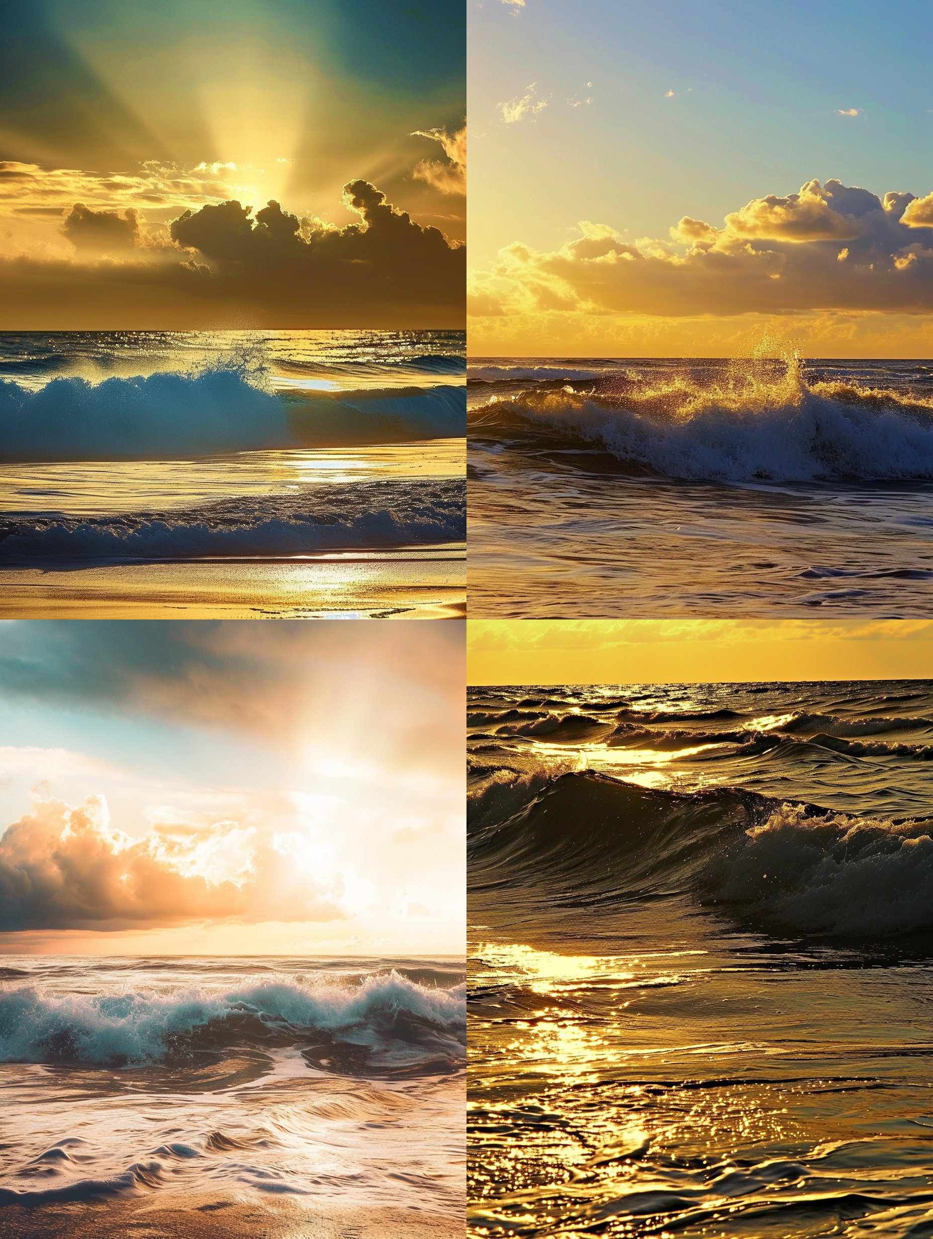 落日，海边，黄金色调，云彩漂浮，逆光拍摄，镜头透视，波涛汹涌，渐变色调，宁静，浪漫，壮丽。