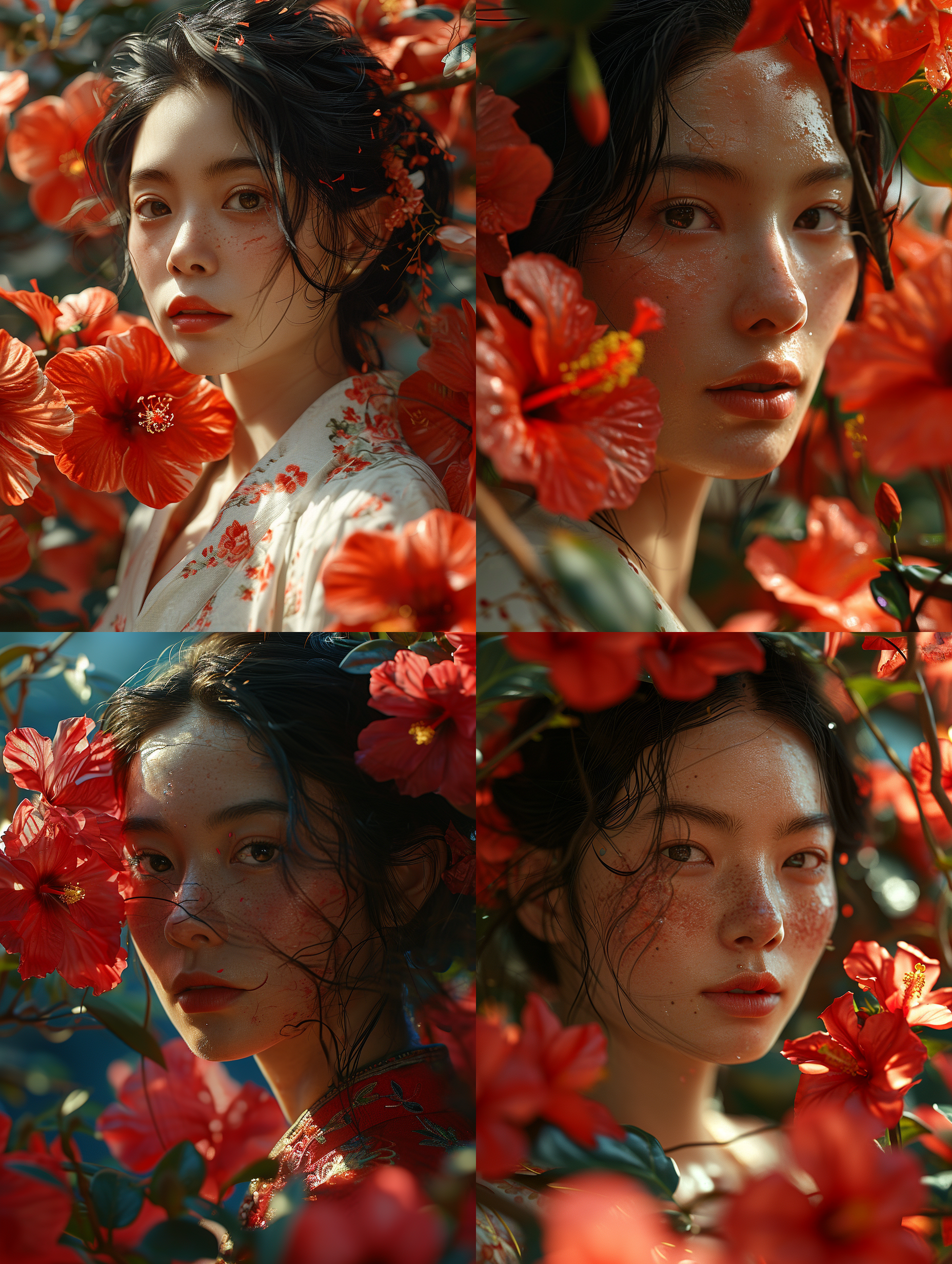 一位中国成年女性，被芙蓉花绕着，花瓣纷飞，干净背景，底部透光，超级高分辨率，8k, 特写人脸，非常细致的眼睛和脸，细节照明，真实风格 