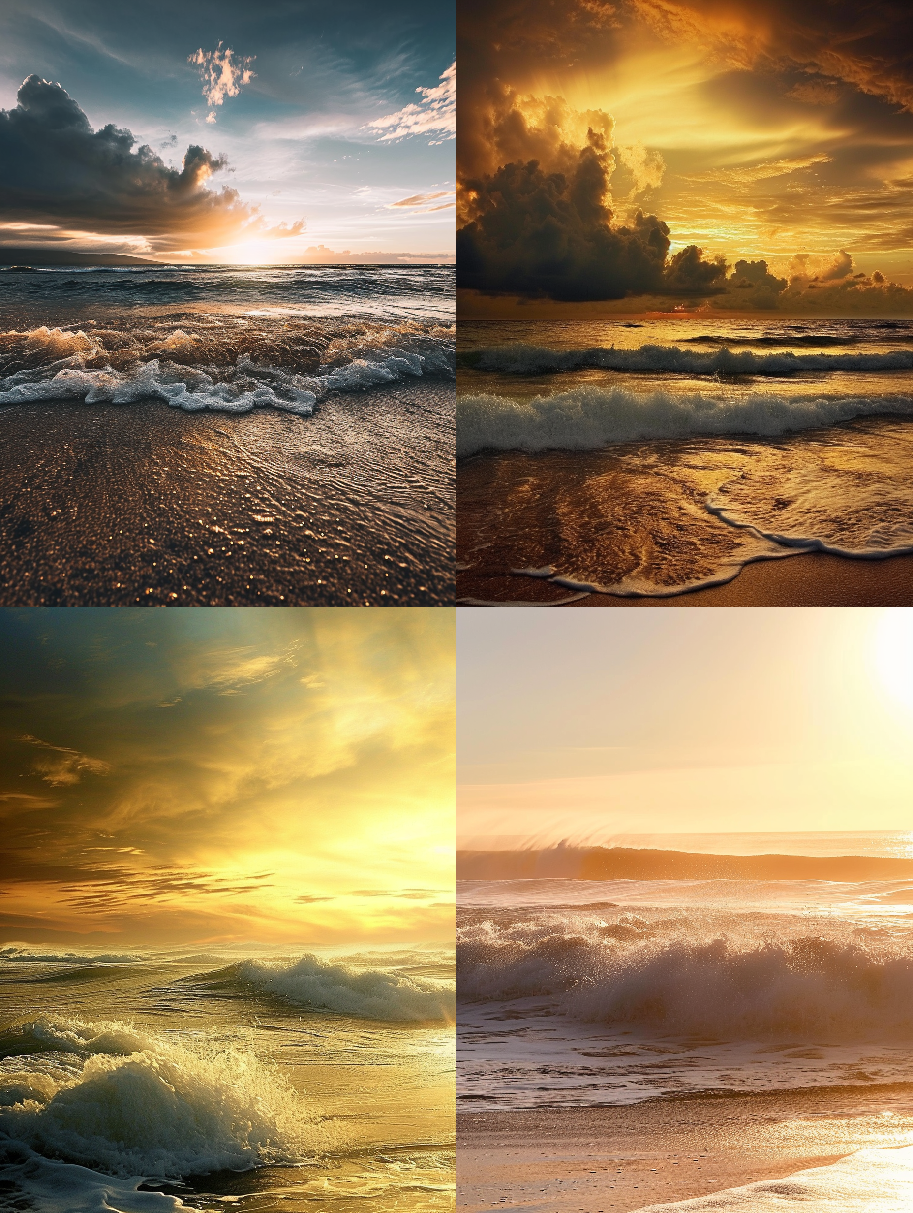 落日，海边，黄金色调，云彩漂浮，逆光拍摄，镜头透视，波涛汹涌，渐变色调，宁静，浪漫，壮丽。