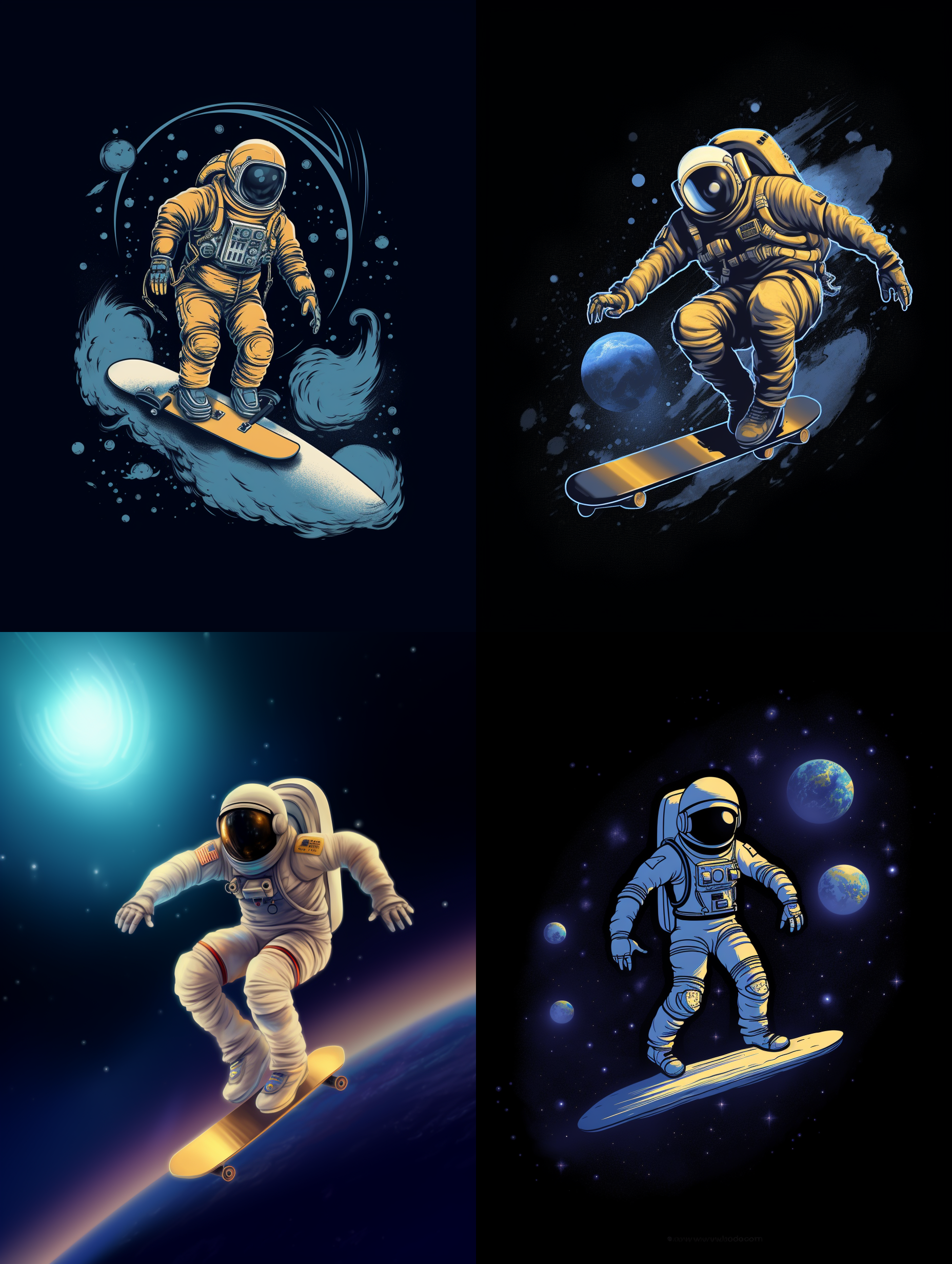 一名宇航员在外太空踩滑板，外太空的地球，浅海军蓝和金色色调，背景要干净，营造出深度和丰富感， 艺术品品质超高，细节复杂，描绘了浩瀚的太空、星空和未来主义风格， 该场景从远处捕捉风景，展示了宇航员穿越迷人宇宙奇观的壮丽旅程。 图像以极高的分辨率渲染，让每一个细节都能获得身临其境的体验,