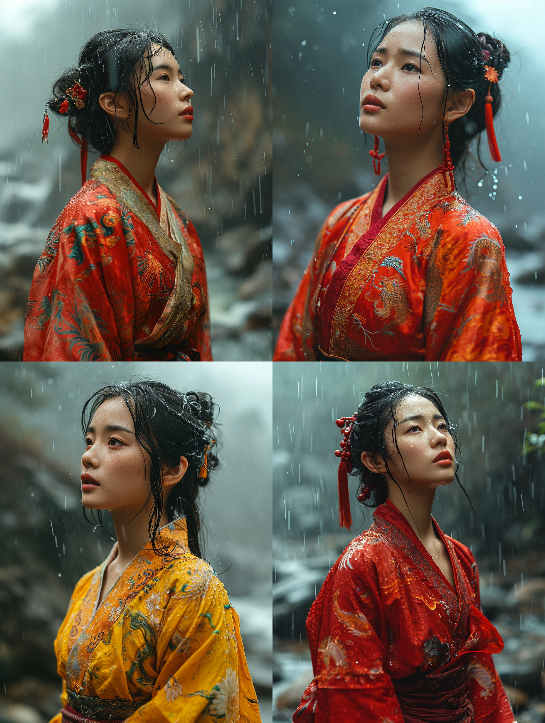 一位中国美女身穿着这龙袍，站在大雨中，抬头仰望天空，眼神坚毅，背景是辽阔的山川河流，半身照，真实风格。