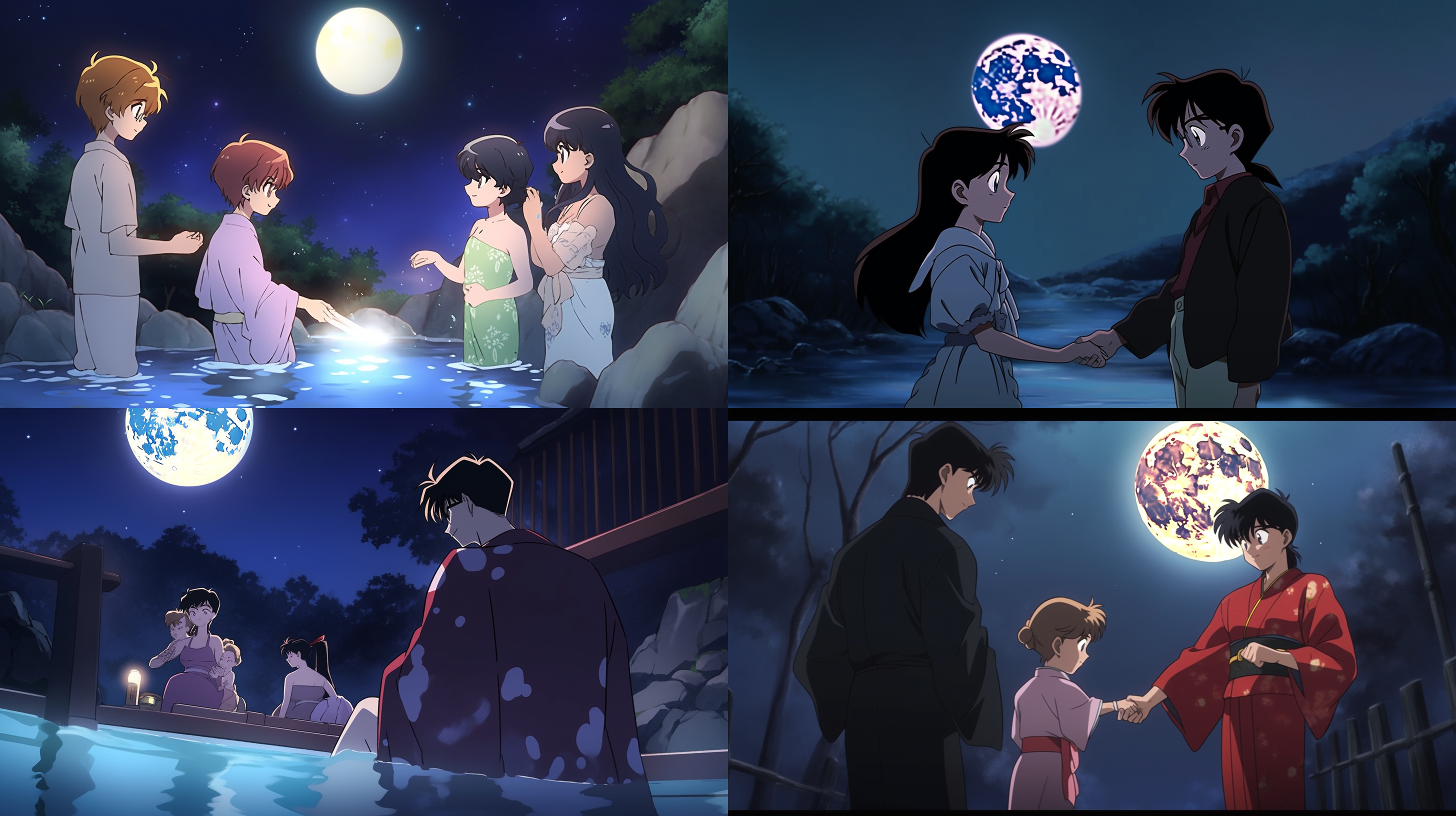 conan holds the hand of sailor moon with his left hand, and holds the hand of haibara ai with his right hand. under the moonlight, the three of them together enjoy funny in the hot spring