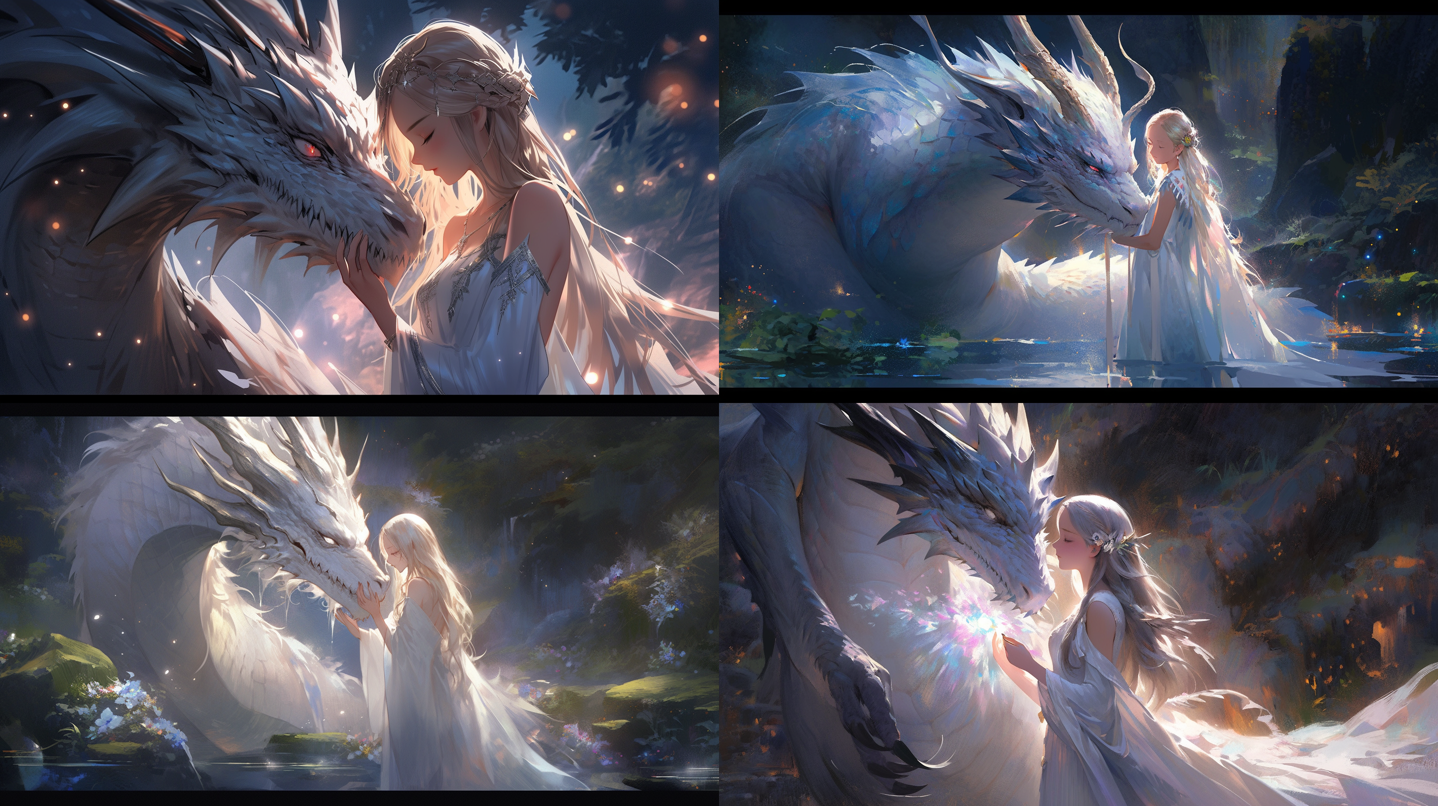 远景的图画，远处站立着一位精灵女孩，一条巨龙依偎在女孩的身边，女孩的手抚摸着龙的额头，龙的表情柔和而宁静，背后由水元素构成的巨大羽翼，宛如天使，夜幕中莹莹发光，周围弥漫着星光和柔和的光芒，散发出丝丝芬芳的味道。脚底下，是一片美丽的草地，女孩双手握着长剑，眼睛看向远方，整幅画面营造出神秘而充满活力的氛围，充满了幻想和探索的空间。画面评级为杰作或大师之作，细节丰富，光影特效和精密的，光线追踪都极为逼真，使图像跃然于纸上。
