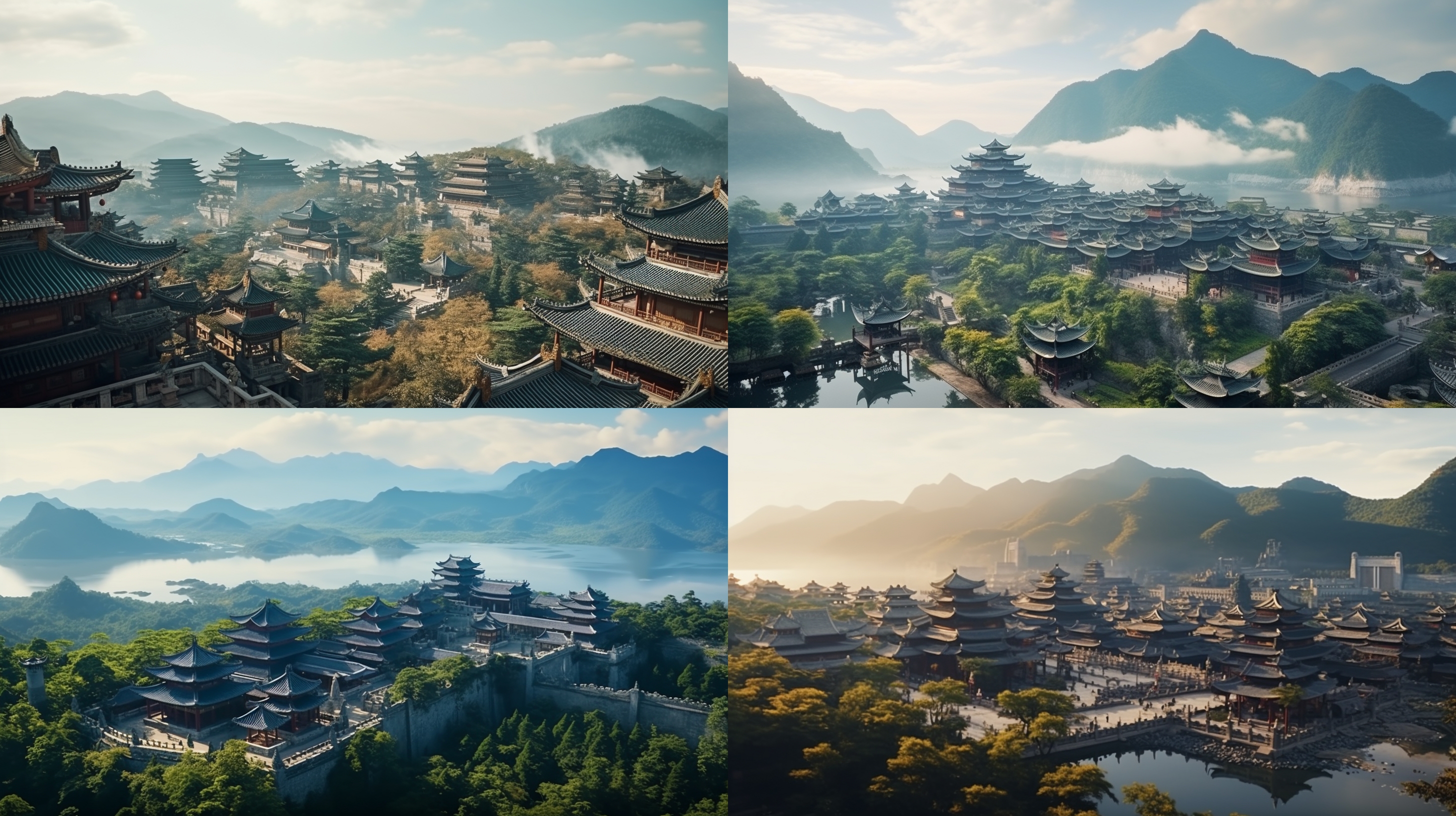 中国古风 远距离 长焦 从前 有一个古代王朝 宫殿 有山为依 鸟瞰风景 真实