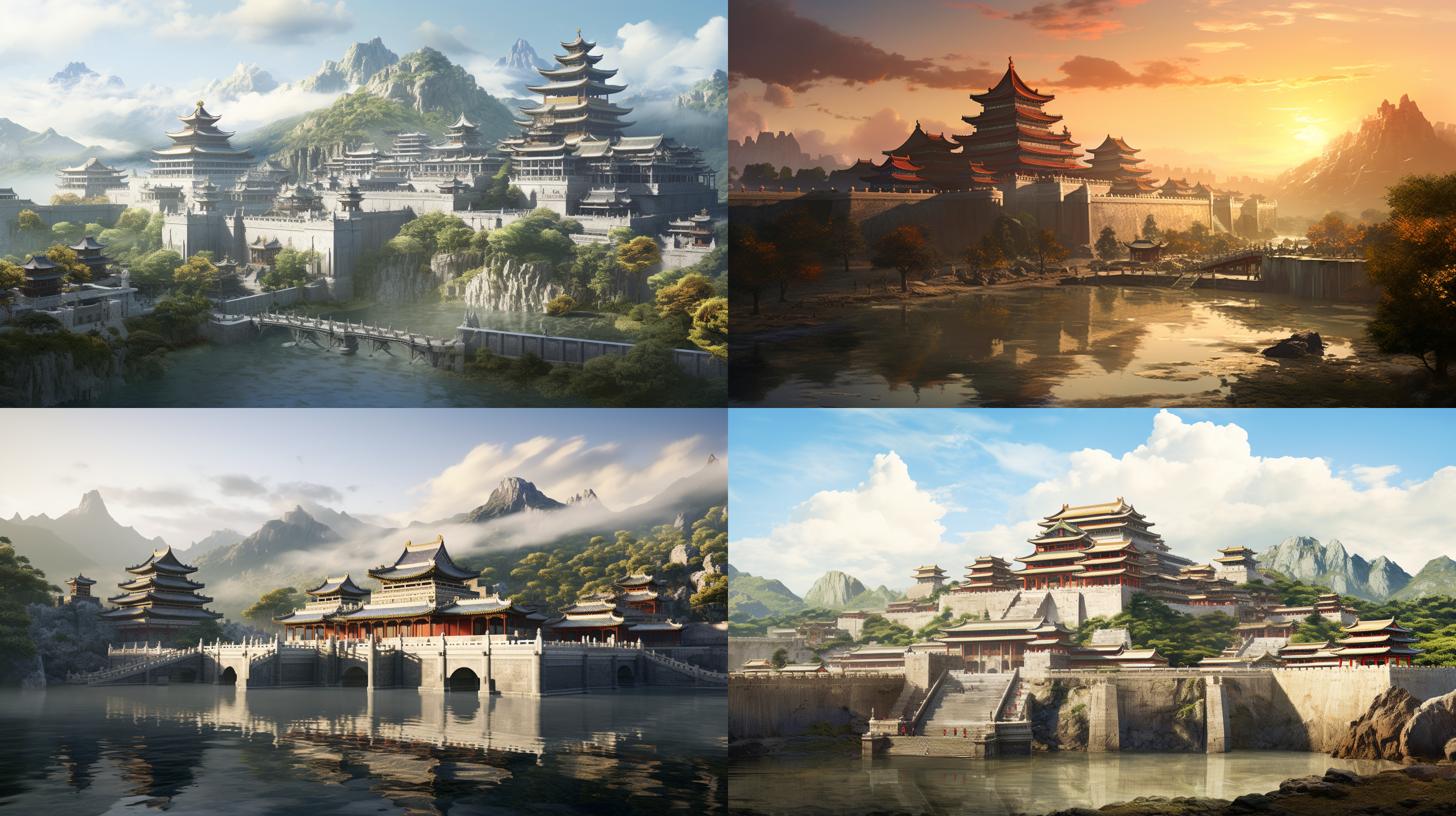 一座气势恢宏的宫殿，秦汉建筑风格，前面有护城河、后面有山