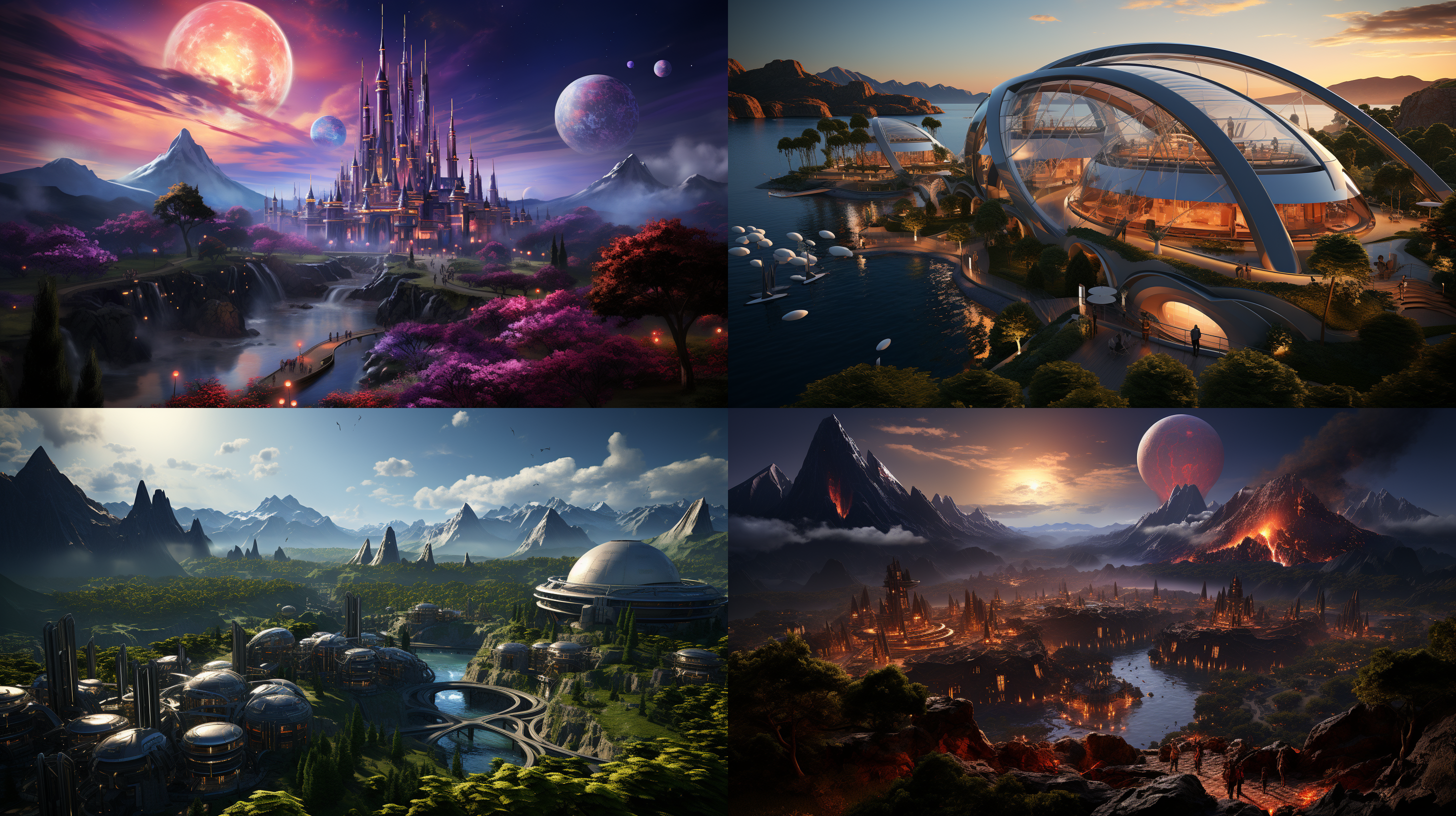 以参考图片的场景状态为标准，生成一个夕阳晚霞下的超级科幻超大规模的城市主题公园的航拍全景，高空航拍远镜头，场面规模宏大，壮观，充满突科幻感的主题雕塑，各种儿童游乐设施，儿童梦幻城堡，代充满未来科技感的科技馆建筑，迪斯尼风格的设施和建筑，大片的多彩景观绿化和景观绿植，体现生态环保的理念，具有顶级的画质和艺术美感，建筑具有未来感和高科技之感，色彩层次丰富，细节丰富逼真，超写实，8k 超高清晰度