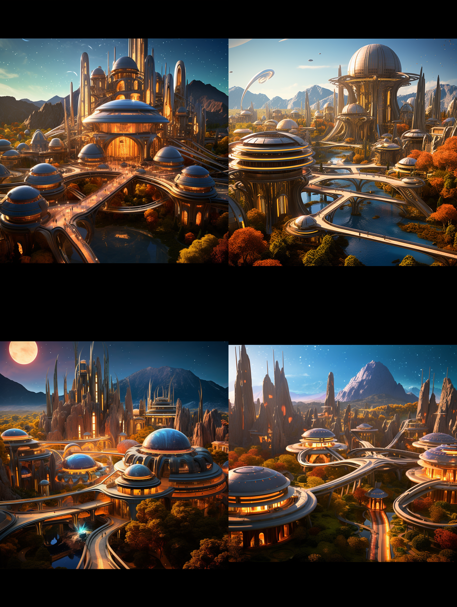 以参考图片的场景状态为标准，生成一个夕阳晚霞下的超级科幻超大规模的城市主题公园的航拍全景，高空航拍远镜头，场面规模宏大，壮观，充满突科幻感的主题雕塑，各种儿童游乐设施，儿童梦幻城堡，代充满未来科技感的科技馆建筑，迪斯尼风格的设施和建筑，大片的多彩景观绿化和景观绿植，体现生态环保的理念，具有顶级的画质和艺术美感，建筑具有未来感和高科技之感，色彩层次丰富，细节丰富逼真，超写实，8k 超高清晰度 