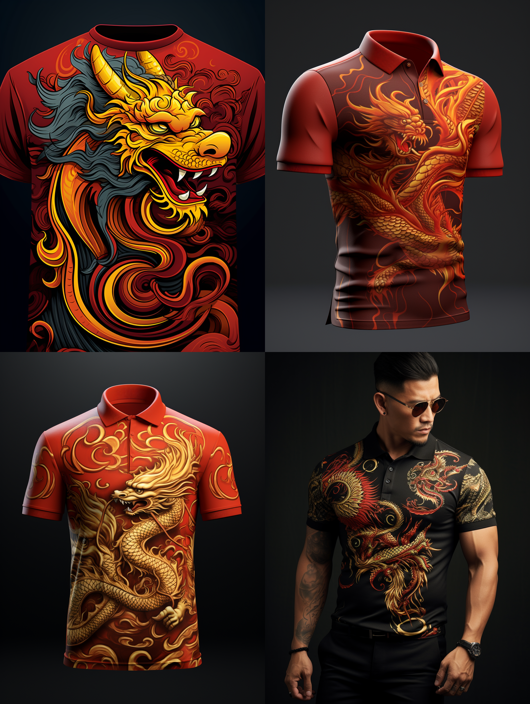 用中国金龙设计一款极具中国特色的polo衫，红色和黄色为主色调，龙的形态婉延曲折，很有动感，国外模特