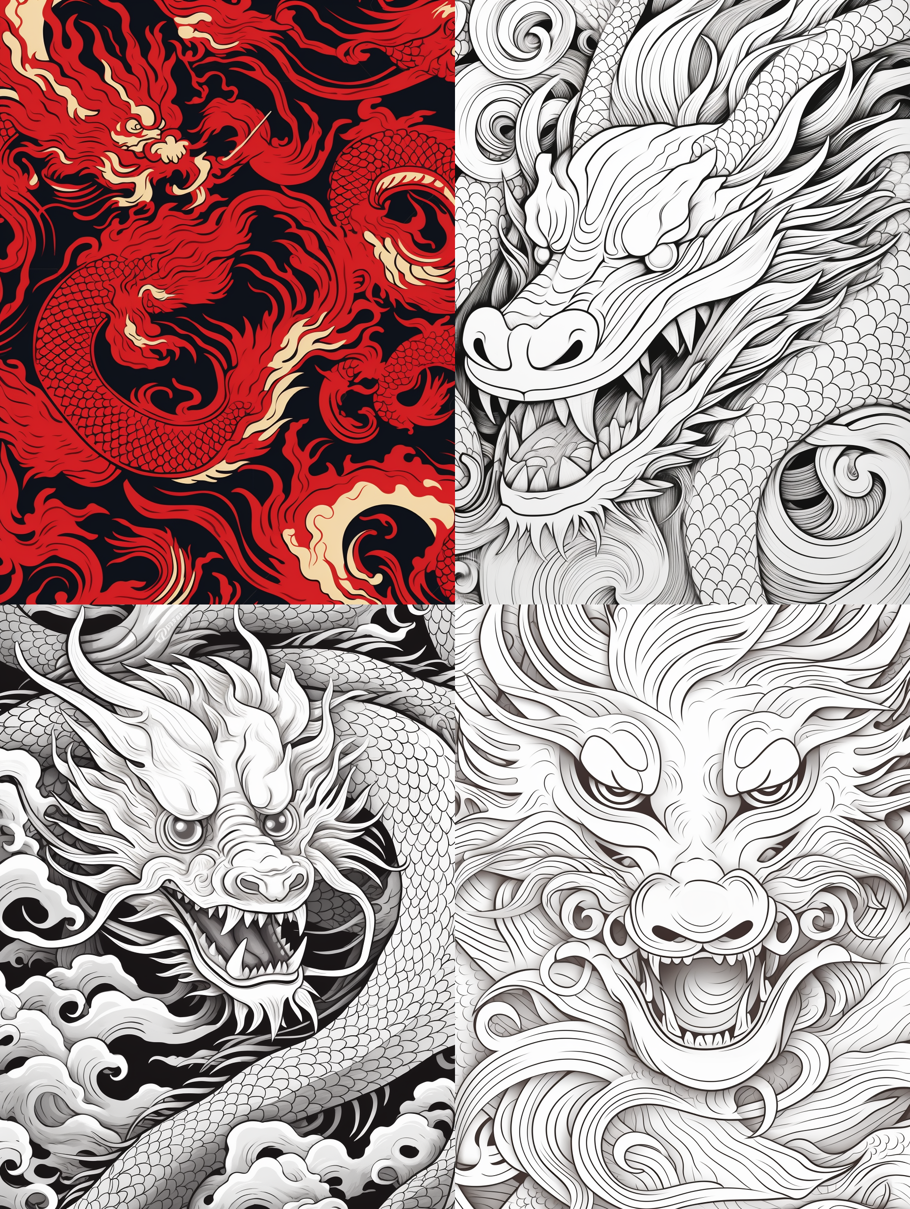 设计一条类似的龙的图案，平面线描图，不要有立体感，