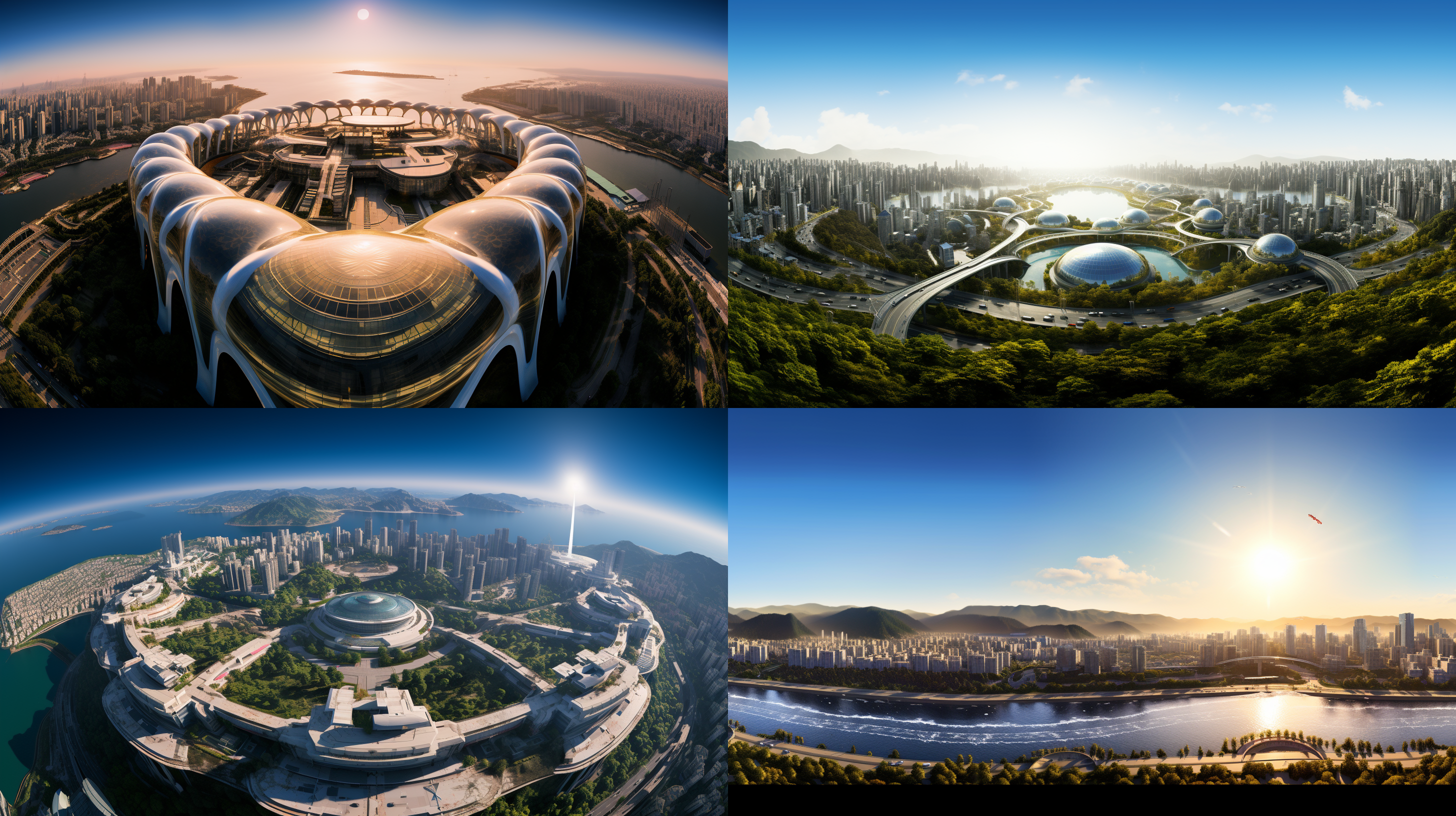 以参考图片的场景状态为标准，生成一个夕阳晚霞下的超级科幻未来科技之城的航拍全景，高空航拍远镜头，场面规模宏大，壮观，楼群现代，体现生态环保的理念，具有顶级的画质和艺术美感，建筑具有未来感和高科技之感，色彩层次丰富，细节丰富逼真，超写实，