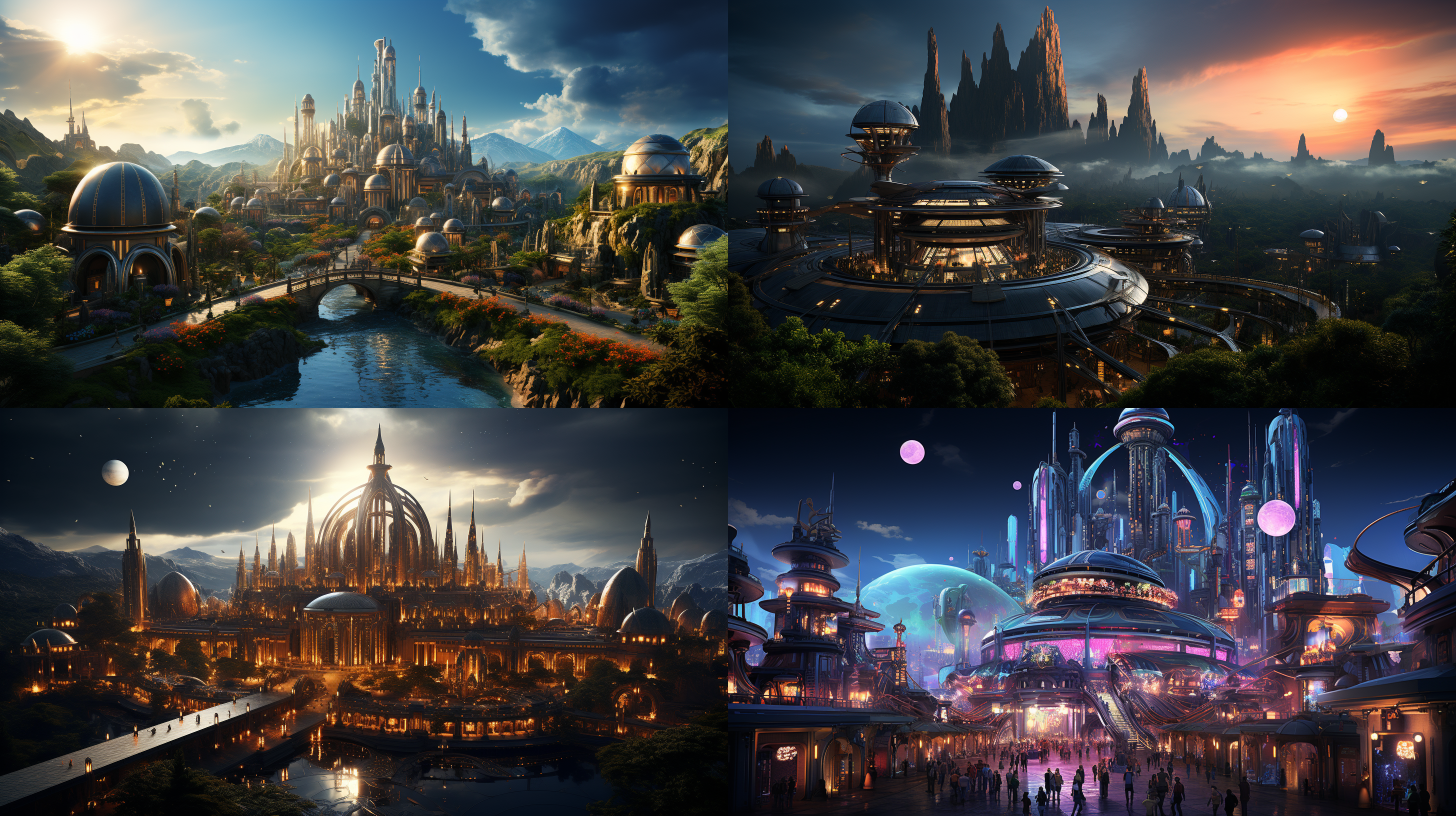 以参考图片的场景状态为标准，生成一个夕阳晚霞下的超级科幻超大规模的城市主题公园的航拍全景，高空航拍远镜头，场面规模宏大，壮观，充满突科幻感的主题雕塑，各种儿童游乐设施，儿童梦幻城堡，代充满未来科技感的科技馆建筑，迪斯尼风格的设施和建筑，大片的多彩景观绿化和景观绿植，体现生态环保的理念，具有顶级的画质和艺术美感，建筑具有未来感和高科技之感，色彩层次丰富，细节丰富逼真，超写实，16k 超高清晰度 