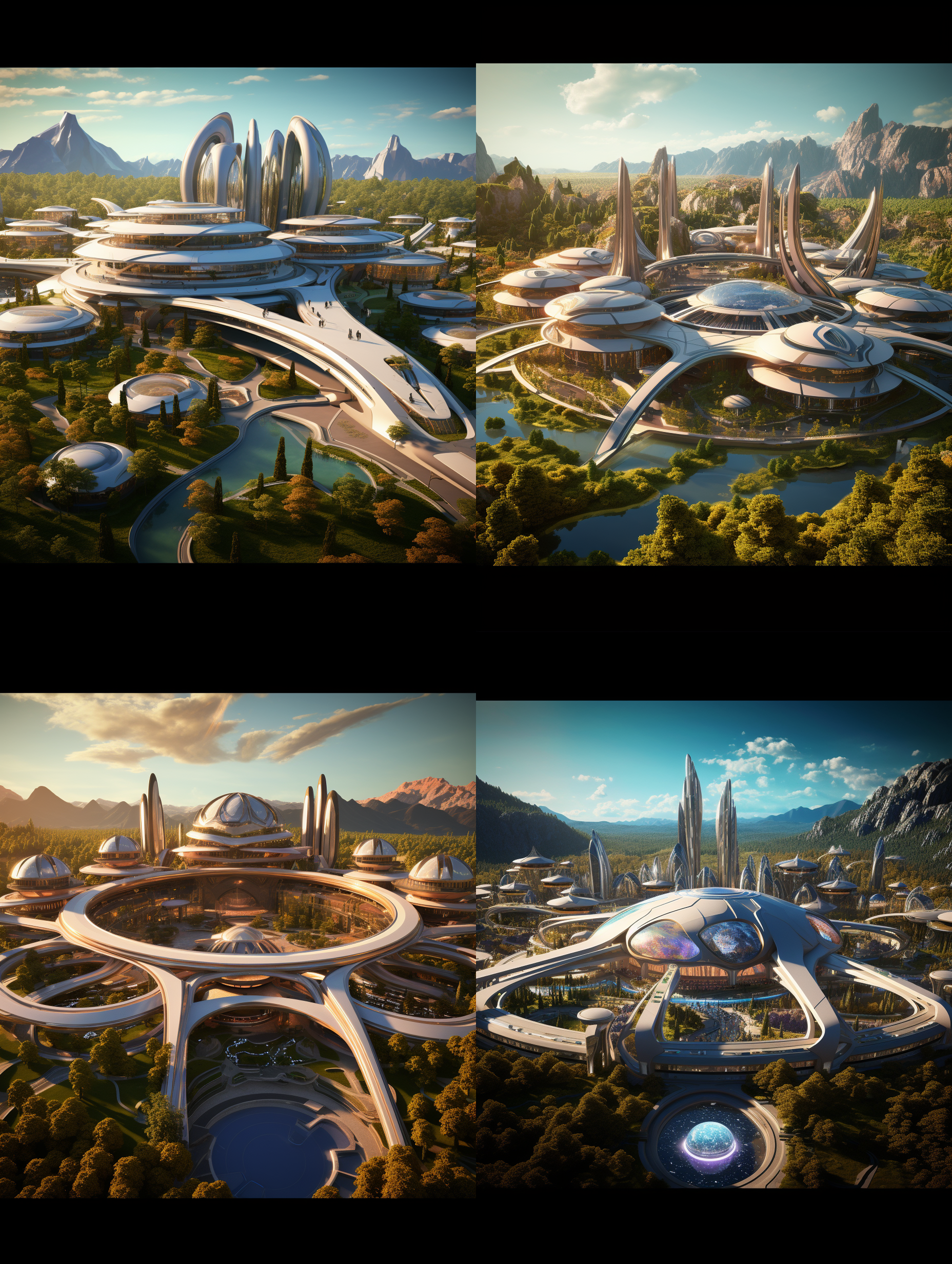 以参考图片的场景状态为标准，生成一个夕阳晚霞下的超级科幻超大规模的城市主题公园的航拍全景，高空航拍远镜头，场面规模宏大，壮观，充满突科幻感的主题雕塑，各种儿童游乐设施，儿童梦幻城堡，代充满未来科技感的科技馆建筑，迪斯尼风格的设施和建筑，大片的多彩景观绿化和景观绿植，体现生态环保的理念，具有顶级的画质和艺术美感，建筑具有未来感和高科技之感，色彩层次丰富，细节丰富逼真，超写实，8k 超高清晰度 