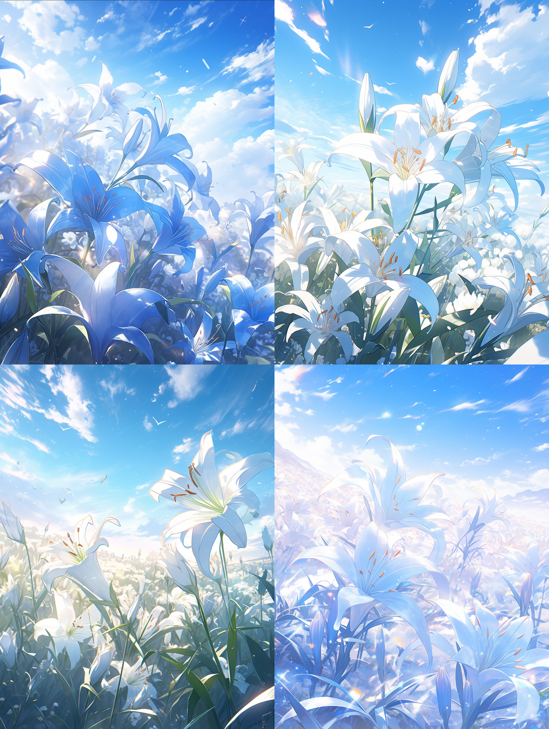 冰晶质感百合花，雨季，蓝天白云，远距离视角，动漫美学风格封面，光线的现实主义描绘，精致的幻想世界，数字绘画，莫兰迪色，互补色配色 超级高分辨率 大文件 风景 非常详细的cg