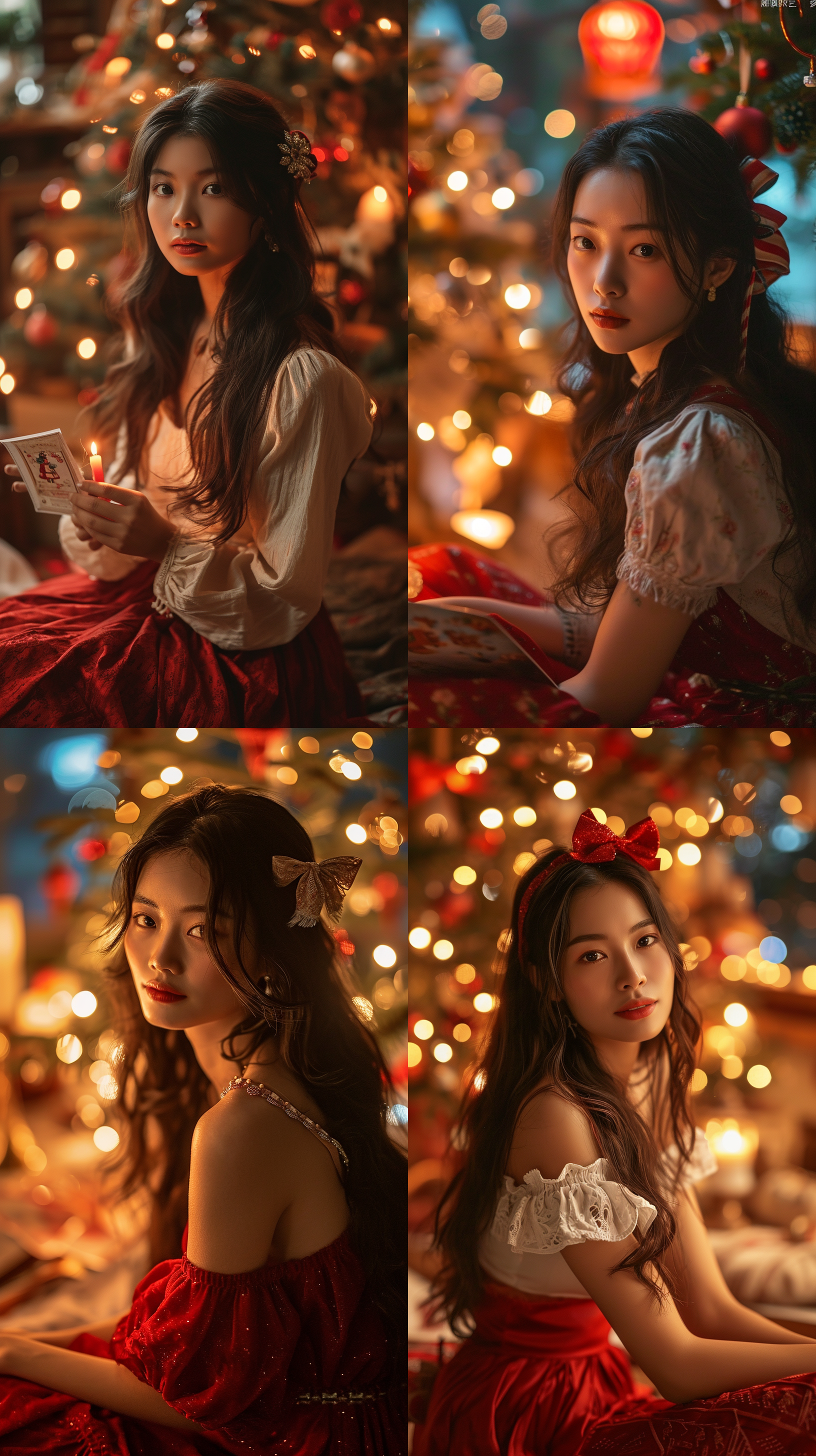 a beautiful asian women with long hair and a bow in her hair sitting in front of a christmas tree with a christmas card, wearing red skirt,cute,soft candle light,knees up ,velvet,relaxed,dslr,bedroom,long shot(ls),best quality