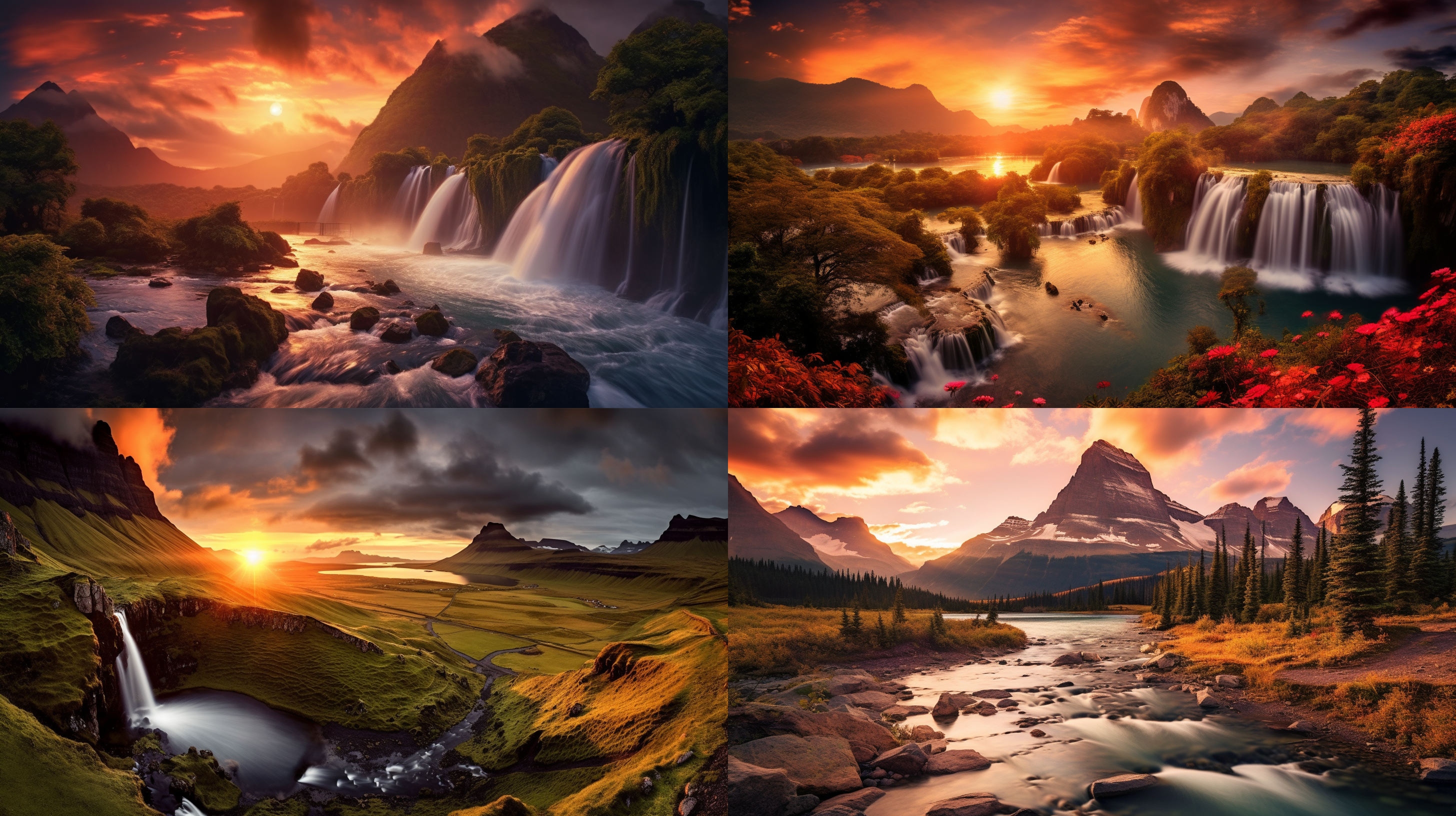 大自然的鬼斧神工，壮丽景色，山脉起伏，湖泊宁静，云彩飘逸，金色日落映照着整个场景。广角镜头捕捉到远处的瀑布，形成了完美的三角构图。光线柔和，给整个画面增添了神秘感。山上的树木和花草点缀着大地的颜色。自然的力量和美妙让人心生敬畏和平静。