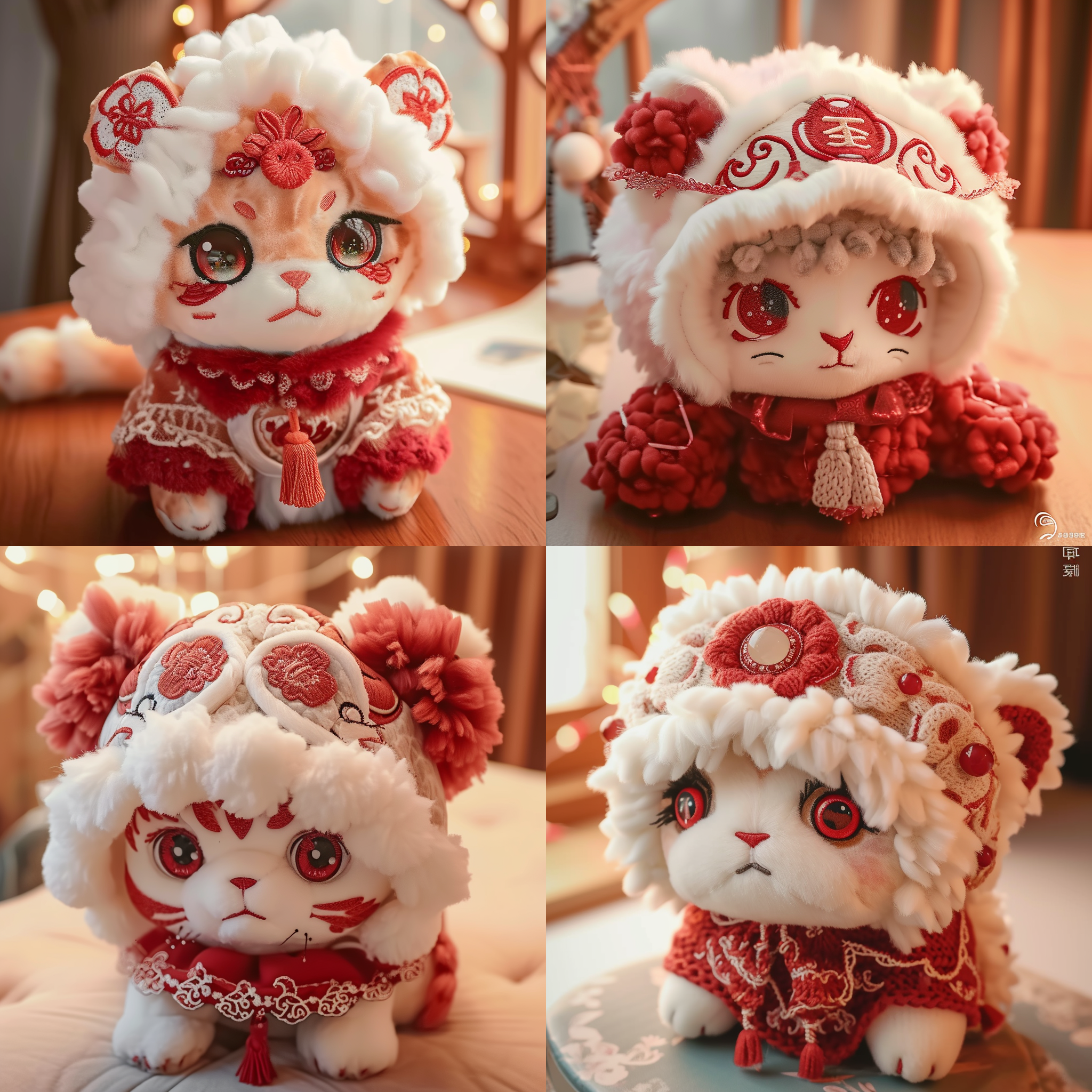 一个小醒狮的毛绒头套，头套是红色系的，有白色毛绒边点缀， 针织材质的花边领，边缘有红色点缀，毛绒材质，正面镜头，中国风格，可爱，泡泡玛特，矢量图