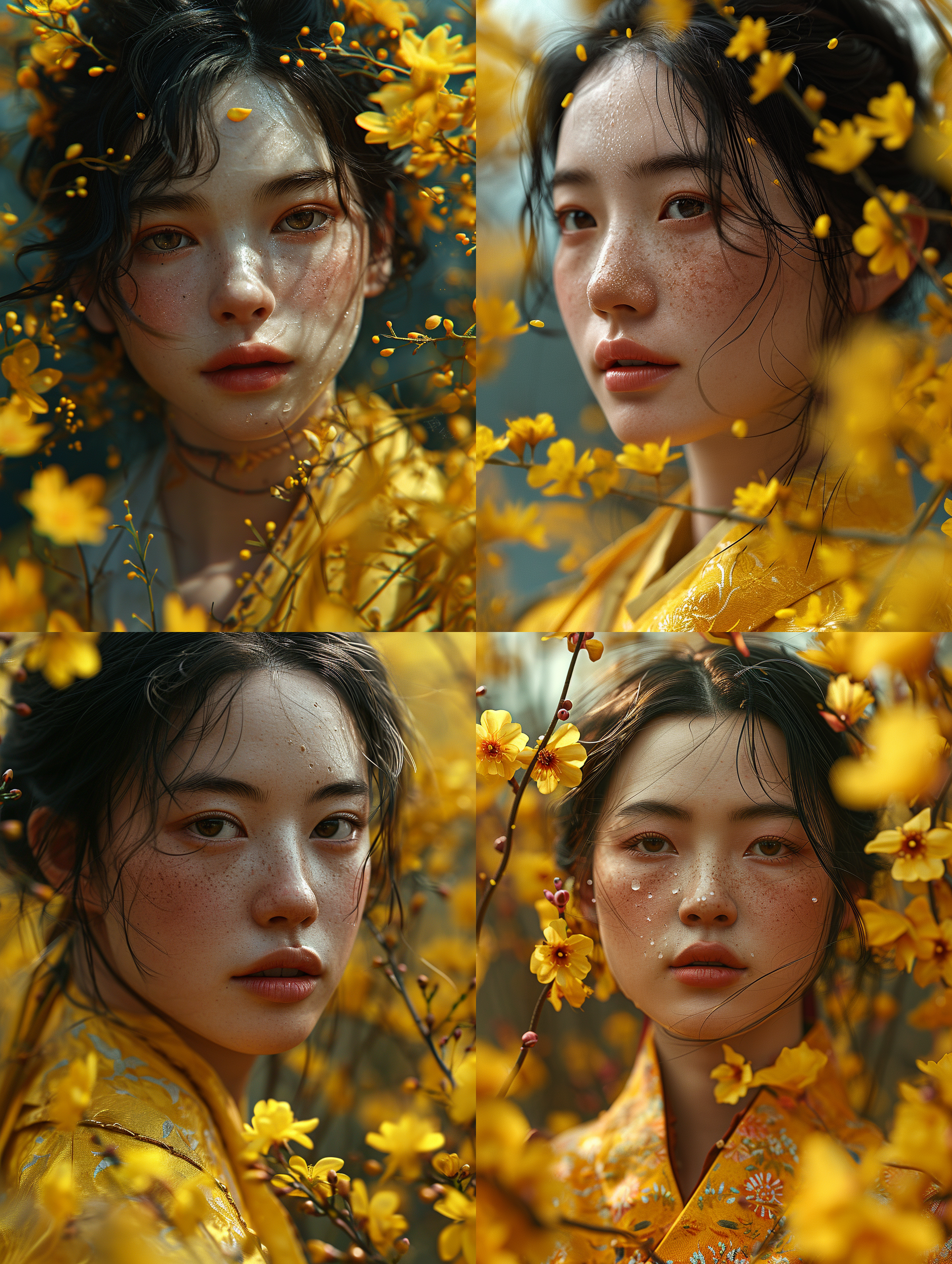 一位中国成年女性，被油菜花绕着，花瓣纷飞，干净背景，底部透光，超级高分辨率，8k, 特写人脸，非常细致的眼睛和脸，细节照明，真实风格 