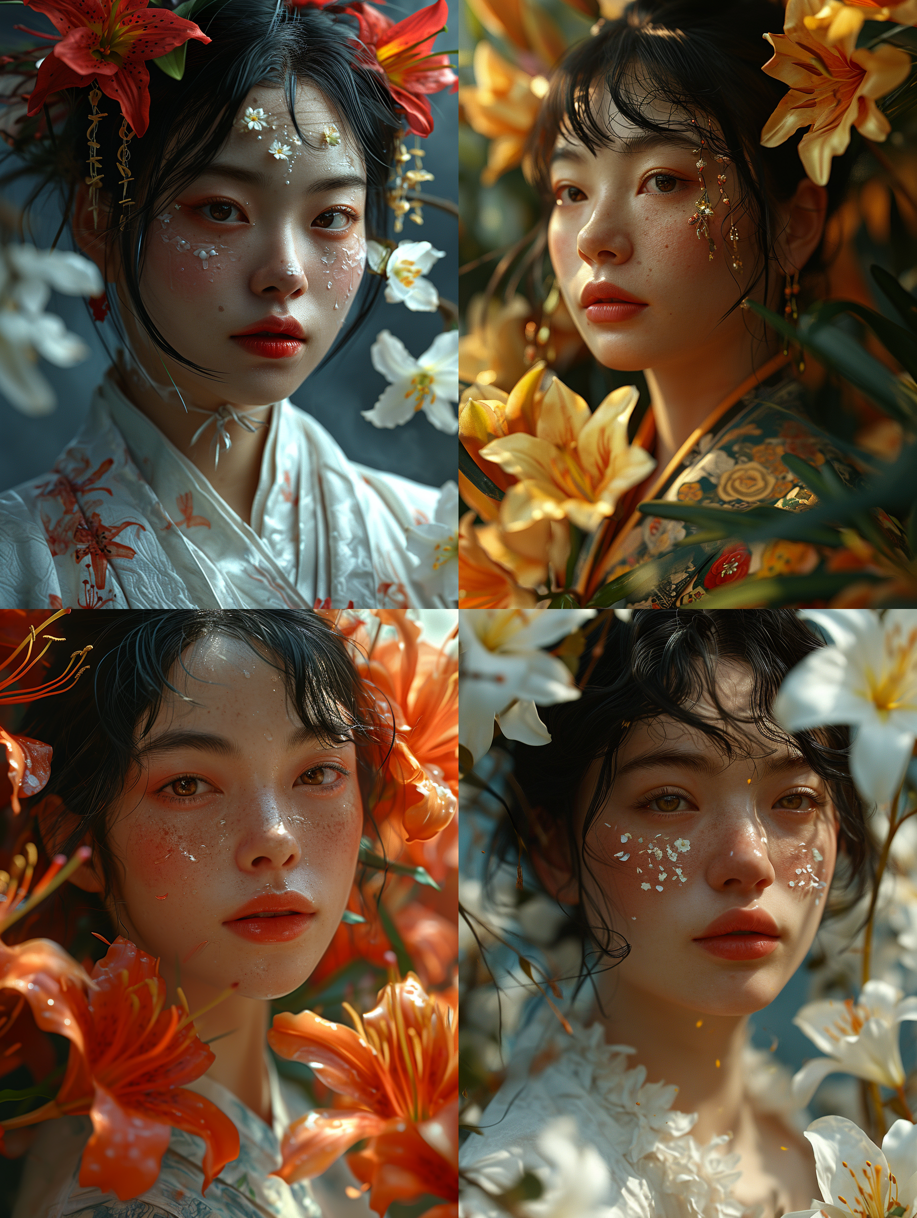 一位中国成年女性，被百合绕着，花瓣纷飞，干净背景，底部透光，超级高分辨率，8k, 特写人脸，非常细致的眼睛和脸，细节照明，真实风格 