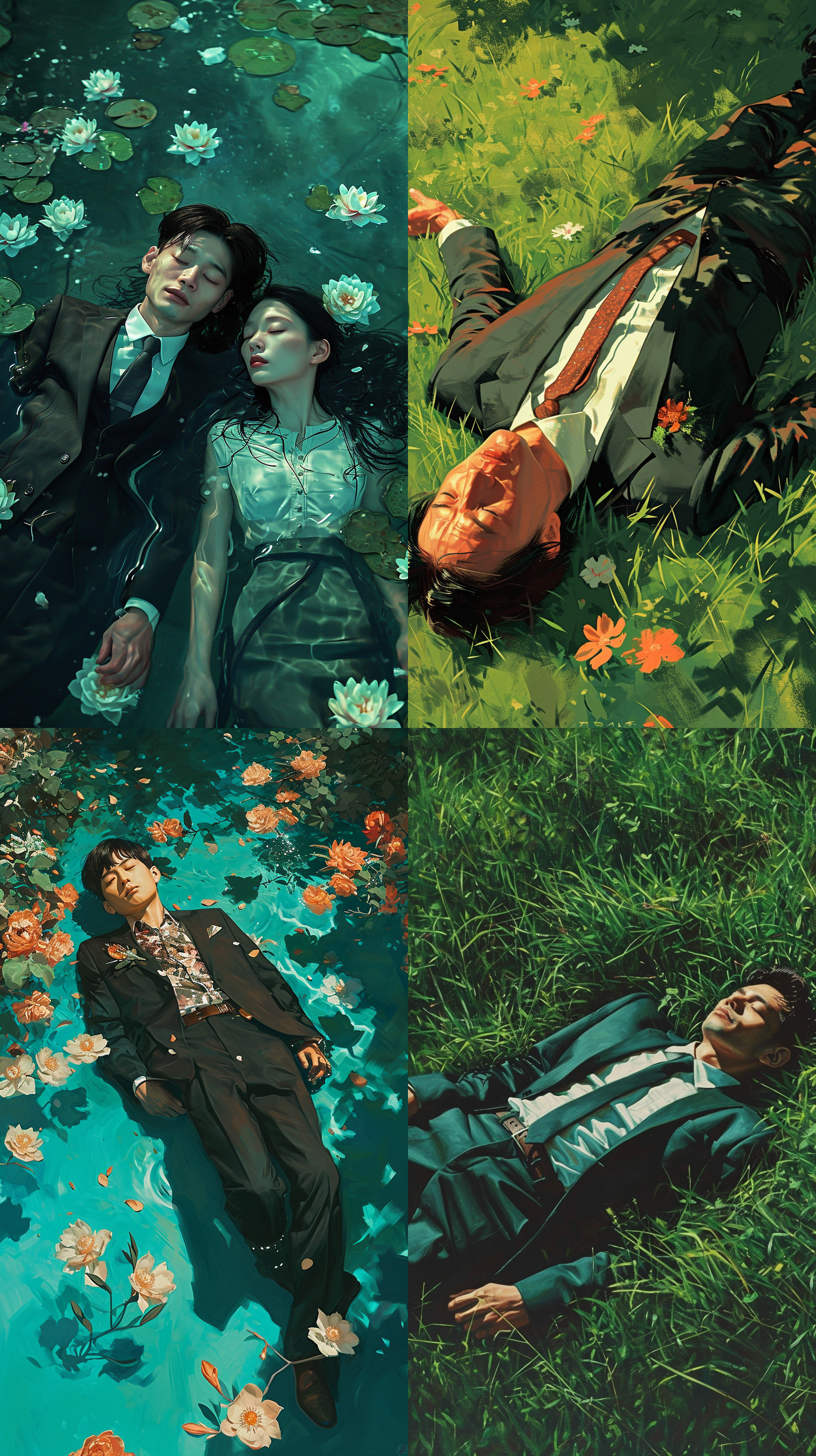 lawns, asians in suits, lying flat, art, grotesque aesthetics