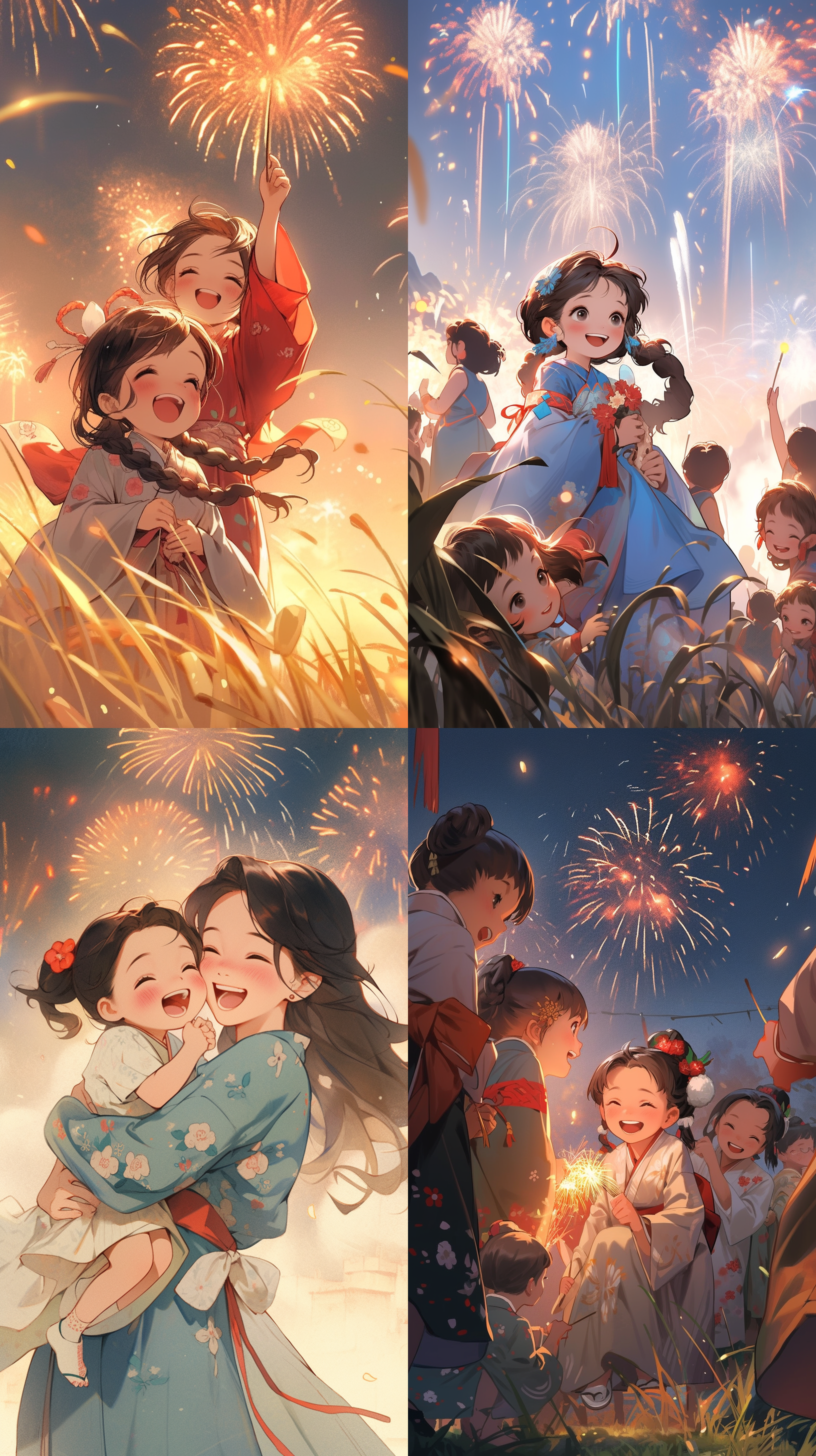 元旦 白天 不同年龄的中国汉服孩子 开心笑脸 烟花绽放 插画风格 极高分辨率 花田 草地 蓝色调