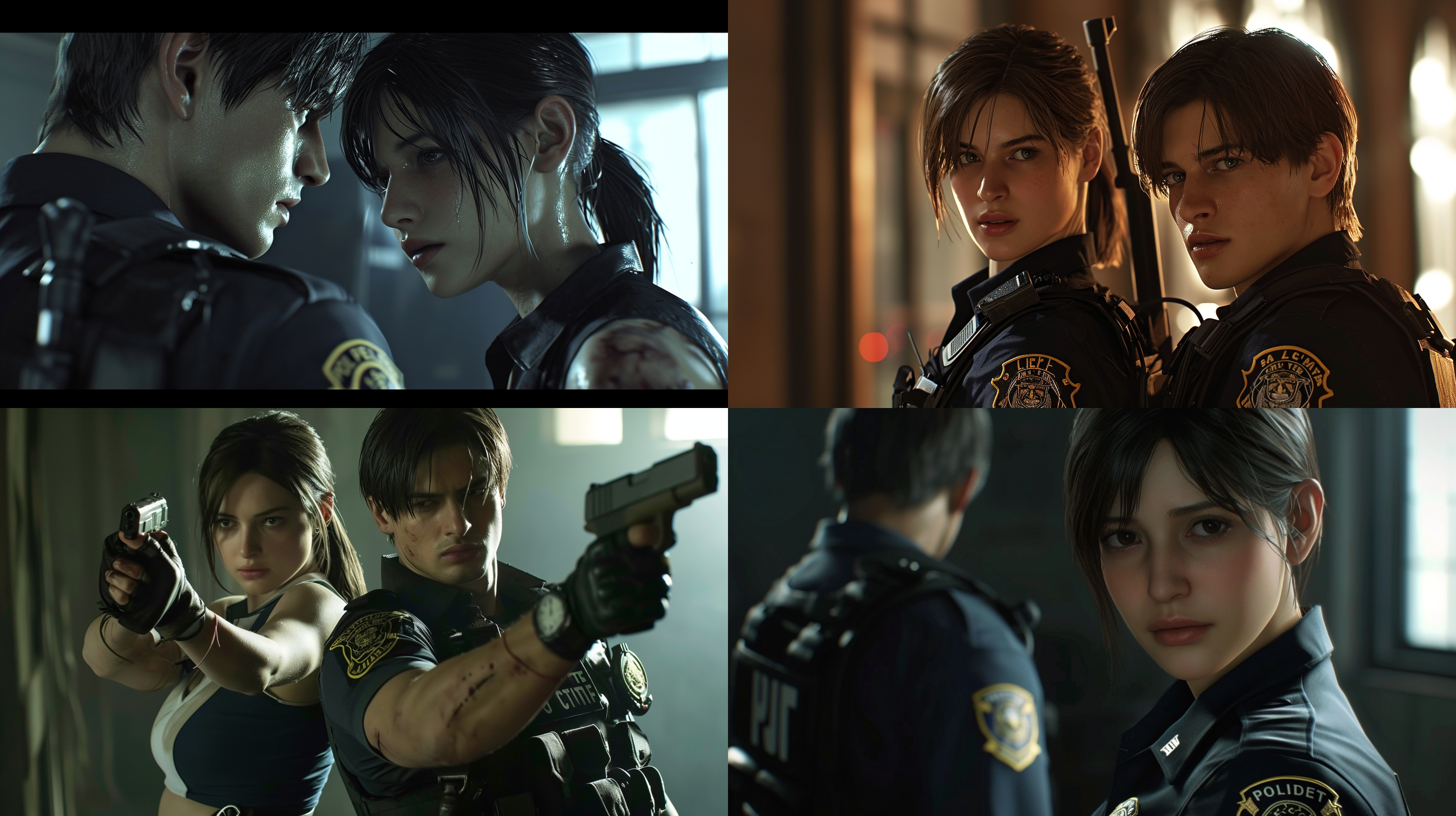 jill, the female police officer from raccoon city police department in resident evil, falls in love with the newly appointed male officer, leon. together, they defend against the zombie attacks at the police station.
