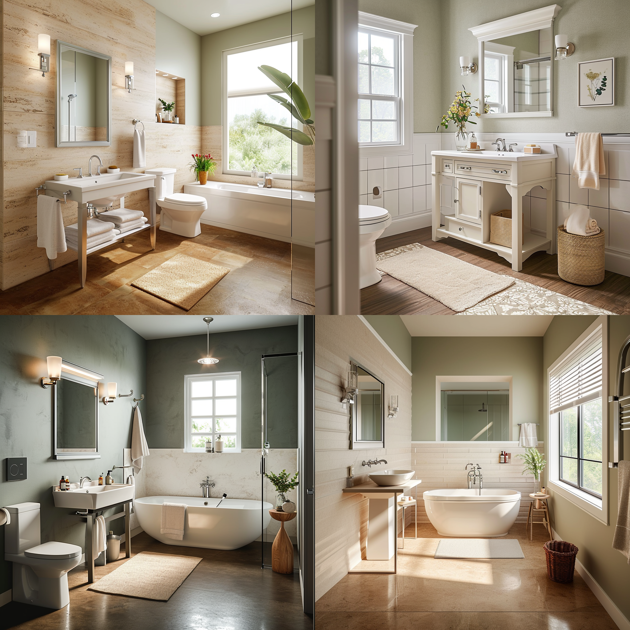美式风格卫生间，自然光照，中性色调，开放式布局，近景45度侧面视角,场景明亮有生活气息，超写实，超现实主义，高细节，高清拍摄，16k